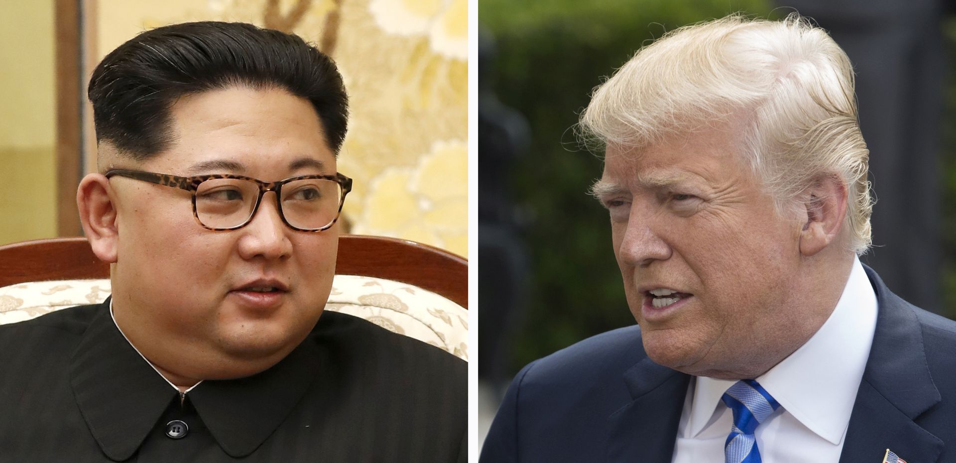 epa06726920 (FILE / COMPOSITE) North Korean leader Kim Jong-Un (L) talks during a summit at the Peace House on the Demilitarized Zone (DMZ) in the border village of Panmunjom, South Korea, 27 April 2018, and US President Donald J. Trump (R) speaks on the South Lawn of the White House before departing by Marine One in Washington, DC, USA, 04 May 2018. Both leaders are slated for a top-level summit in Singapore on 12 June.  EPA/KOREA SUMMIT PRESS POOL / MICHAEL REYNOLDS