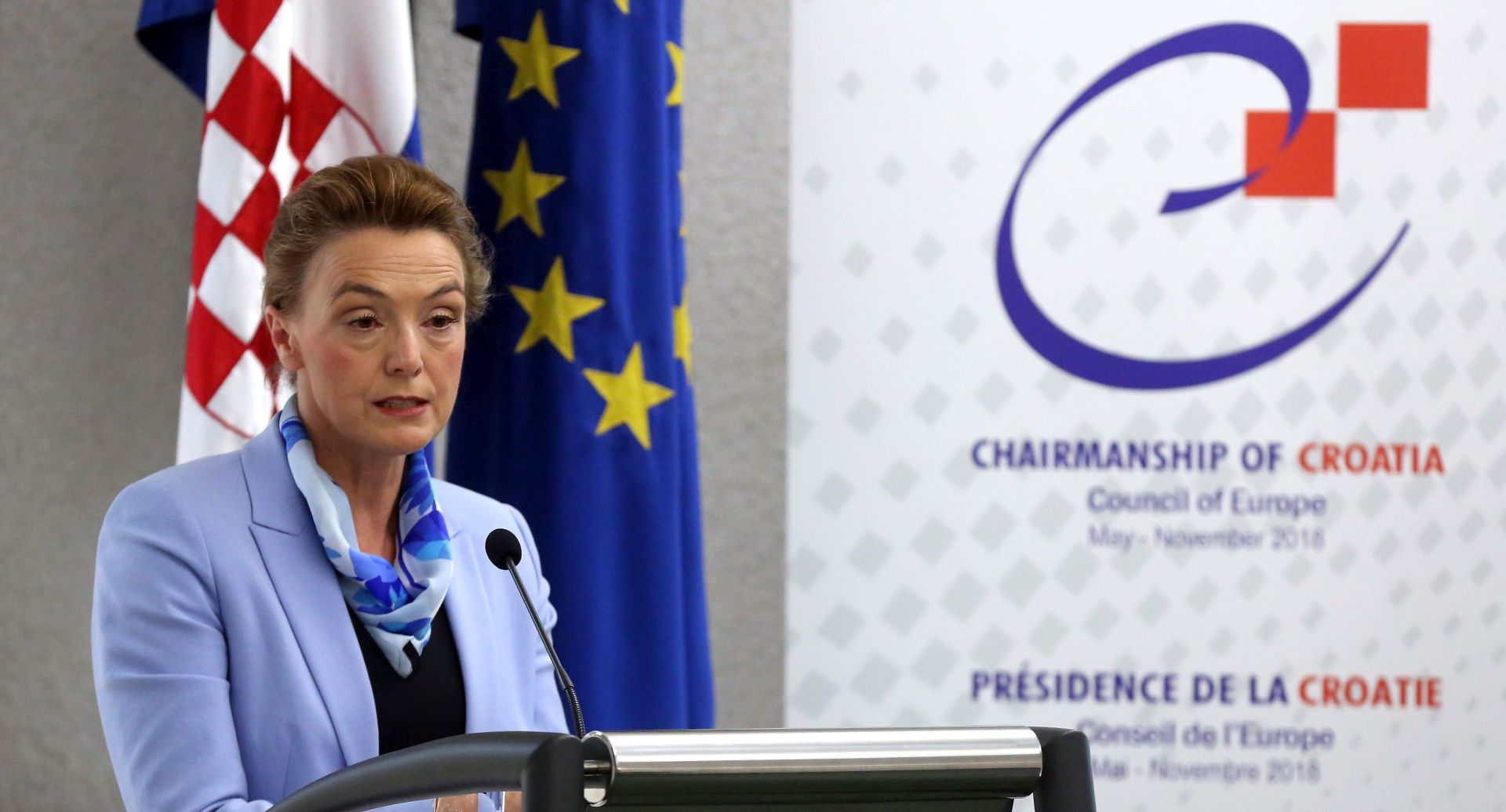 Zagreb, 14.05.2018 - Ministrica vanjskih i europskih poslova Marija Pejèinoviæ Buriæ odrala je konferenciju za medije na temu "Predstavljanje prioriteta i programa predsjedanja Republike Hrvatske Odborom ministara Vijeæa Europe".
foto HINA/ Denis CERIÆ /dc