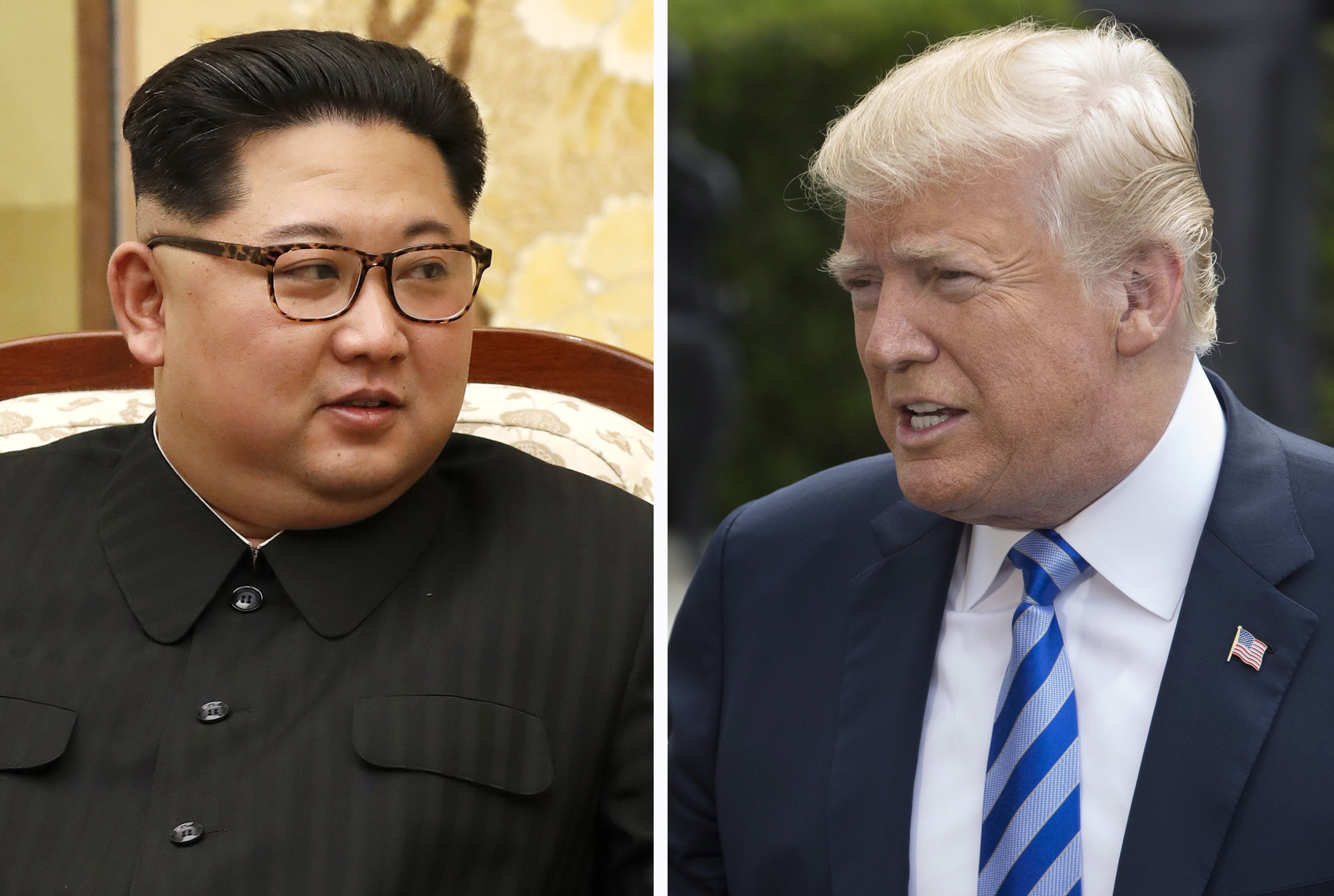 epa06740193 (FILE / COMPOSITE) North Korean leader Kim Jong-Un (L) talks during a summit at the Peace House on the Demilitarized Zone (DMZ) in the border village of Panmunjom, South Korea, 27 April 2018, and US President Donald J. Trump (R) speaks on the South Lawn of the White House before departing by Marine One in Washington, DC, USA, 04 May 2018 (reissued 15 May 2018). Both leaders are scheduled for a top-level summit in Singapore on 12 June 2018.  Media reports on 15 May 2018 that North Korea is threatening to cancel the U.S. summit over ongoing joint South Korea - U.S. military drills.  EPA/KOREA SUMMIT PRESS POOL / MICHAEL REYNOLDS