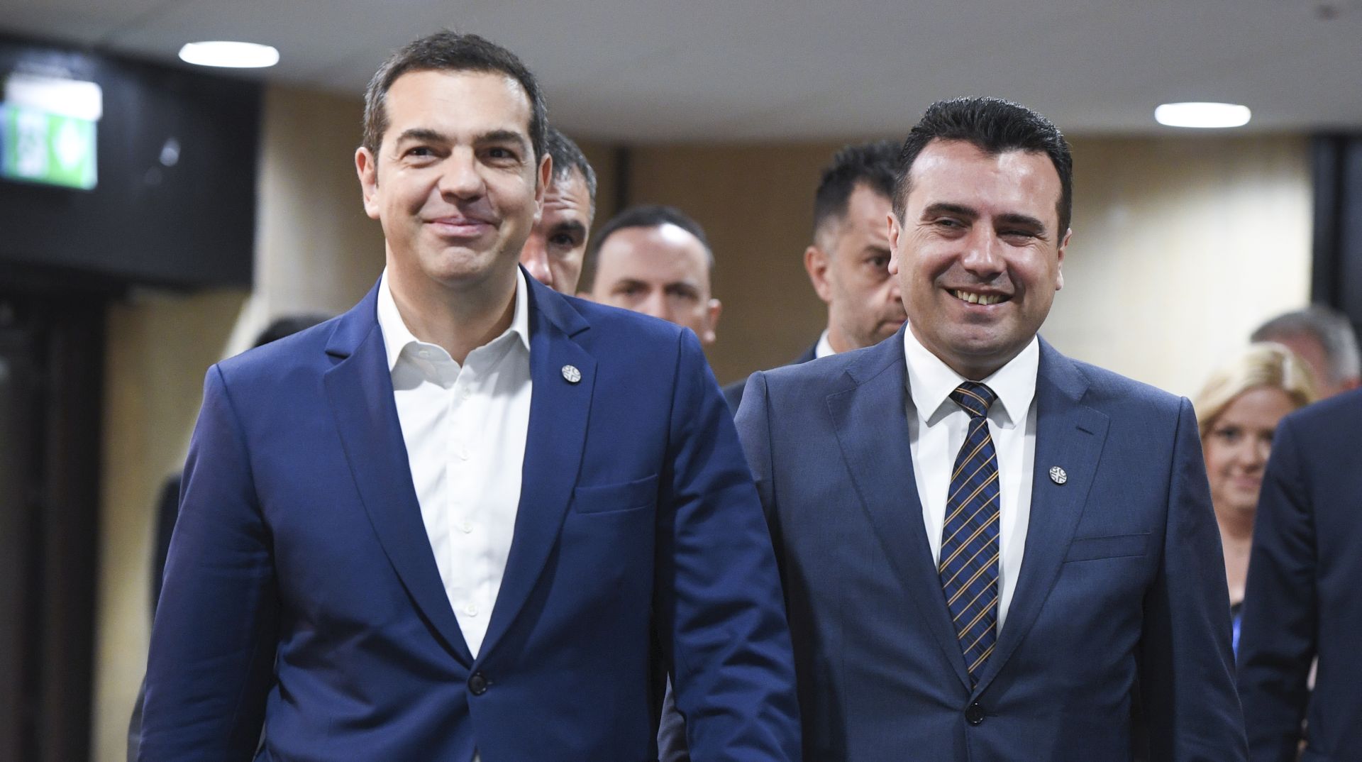 epa06743705 Greek's Prime Minister Alexis Tsipras (L) and FYR of Macedonian Prime Minister Zoran Zaev meet on the sideline of an informal European Union (EU) summit with Western Balkans countries at the National Palace of Culture in Sofia, Bulgaria, 17 May 2018. EU leaders will discuss European future for Western Balkans, and the response to President Trump's policies on trade and Iran.  EPA/VASSIL DONEV