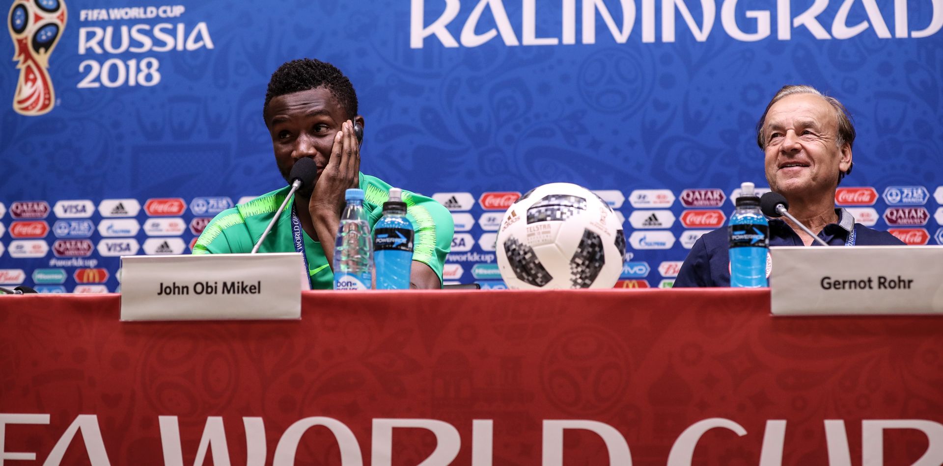 epa06810638 Gernot Rohr (R), the head coach of Nigeria, and his midfielder John Obi Mikel attend a press conference in Kaliningrad, Russia, 15 June 2018. Nigeria will face Croatia in a group D match of the FIFA World Cup 2018 on 16 June 2018.  EPA/MARTIN DIVISEK