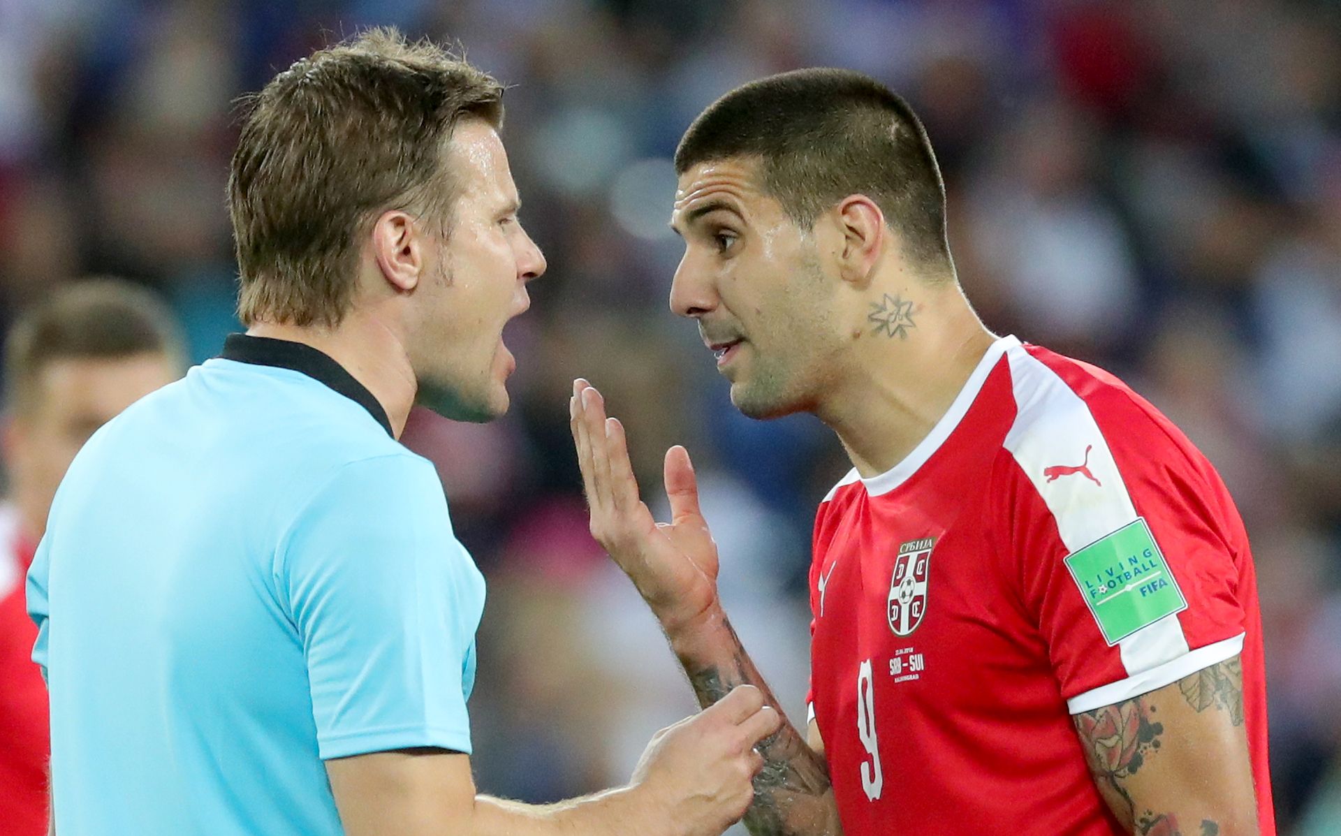 epa06831889 Aleksandar Mitrovic of Serbia (R) argues with referee Felix Brych of Germany during the FIFA World Cup 2018 group E preliminary round soccer match between Serbia and Switzerland in Kaliningrad, Russia, 22 June 2018.

(RESTRICTIONS APPLY: Editorial Use Only, not used in association with any commercial entity - Images must not be used in any form of alert service or push service of any kind including via mobile alert services, downloads to mobile devices or MMS messaging - Images must appear as still images and must not emulate match action video footage - No alteration is made to, and no text or image is superimposed over, any published image which: (a) intentionally obscures or removes a sponsor identification image; or (b) adds or overlays the commercial identification of any third party which is not officially associated with the FIFA World Cup)  EPA/ARMANDO BABANI   EDITORIAL USE ONLY