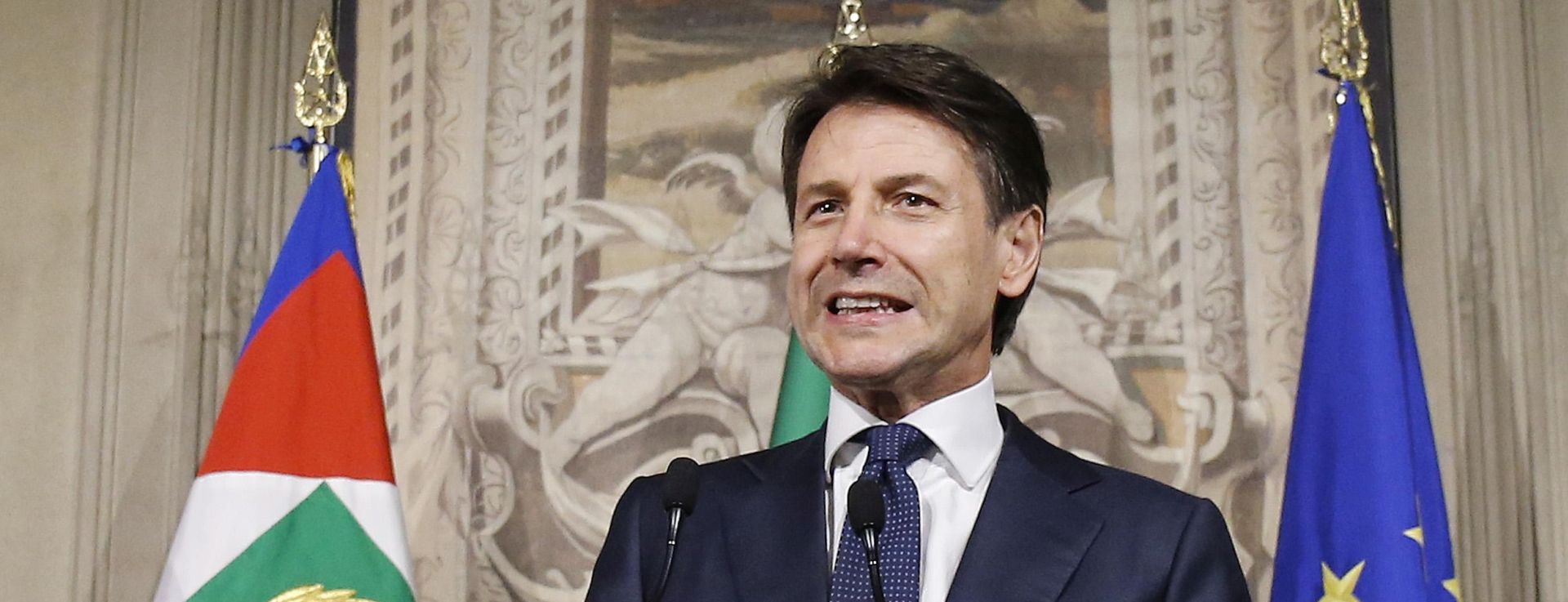 epa06776544 Italian Prime Minister-designate Giuseppe Conte addresses the media to announce his list of ministers after a meeting with Italian President Sergio Mattarella at the Quirinale Palace in Rome, Italy, 31 May 2018. Conte formally accepted the appointment as Italian Prime Minister and submitted his cabinet list to President Sergio Mattarella after almost three months of the general elections from 04 March 2018.  EPA/FABIO FRUSTACI