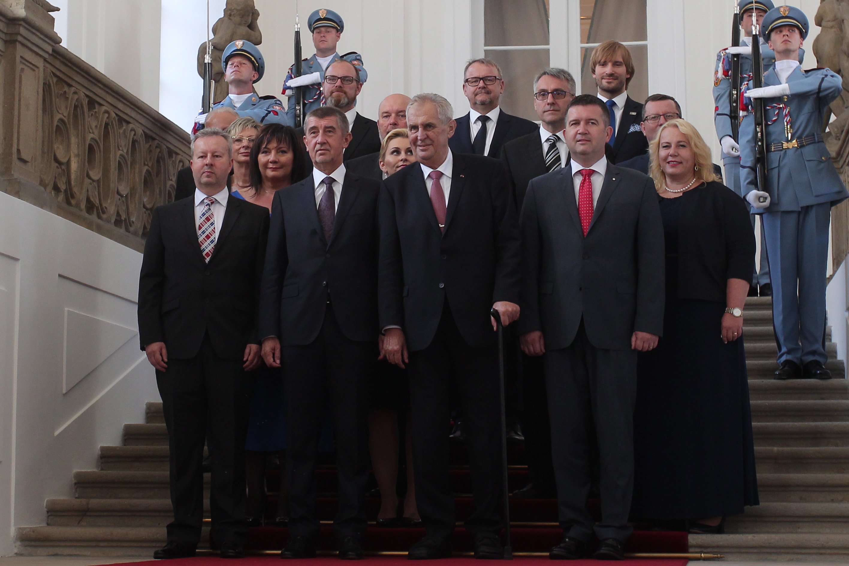 epa06843310 Czech Prime Minister Andrej Babis (first row, 2-L) and Czech President Milos Zeman (first row, 3-R) pose with others new government members after the appointment of new Czech government at the Prague Castle in Prague, Czech Republic, 27 June 2018. The Babis' ANO movement won 29.64 per cent of the vote in general elections held in October 2017 but his first minority government lost a confidence vote in January 2018 and resigned.  EPA/MILAN KAMMERMAYER