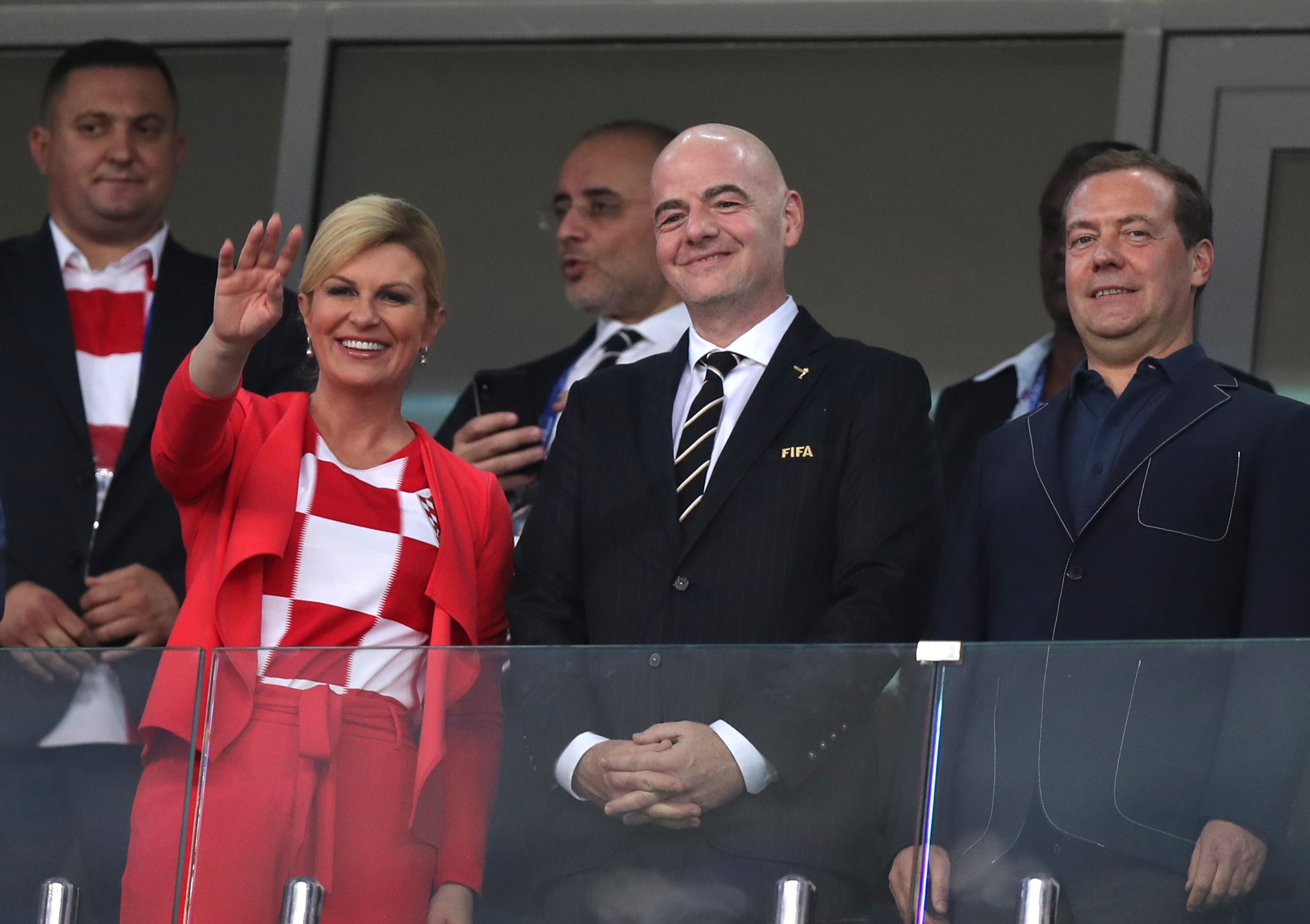 epa06872087 (L-R) Croatian President Kolinda Grabar-Kitarovic, ,FIFA President Gianni Infantino and Russian Prime Minister Dmitry Medvedev attend the FIFA World Cup 2018 quarter final soccer match between Russia and Croatia in Sochi, Russia, 07 July 2018.

(RESTRICTIONS APPLY: Editorial Use Only, not used in association with any commercial entity - Images must not be used in any form of alert service or push service of any kind including via mobile alert services, downloads to mobile devices or MMS messaging - Images must appear as still images and must not emulate match action video footage - No alteration is made to, and no text or image is superimposed over, any published image which: (a) intentionally obscures or removes a sponsor identification image; or (b) adds or overlays the commercial identification of any third party which is not officially associated with the FIFA World Cup)  EPA/MOHAMED MESSARA   EDITORIAL USE ONLY