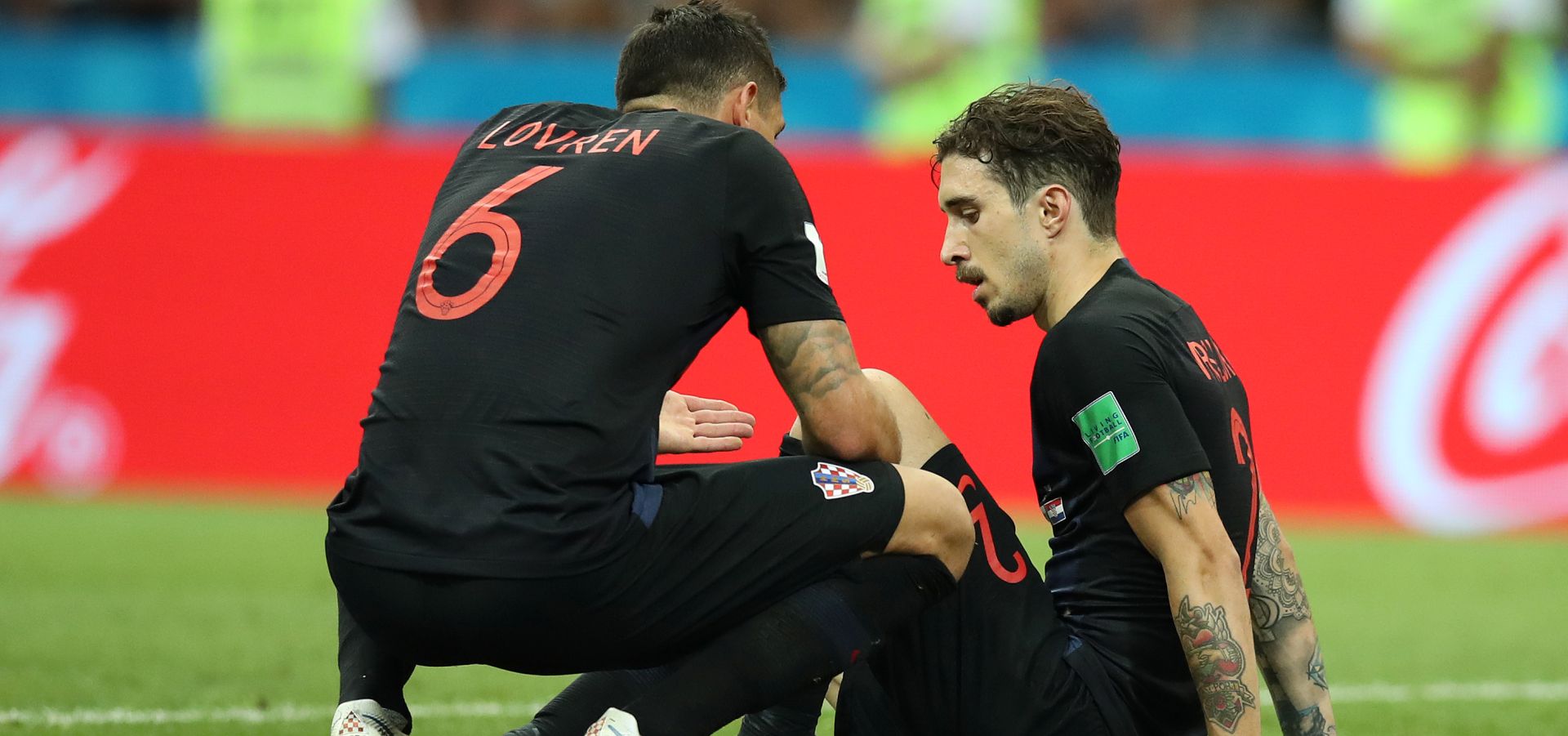 Soèi, 07.07.2018. - Utakmica èetvrtfinala Svjetskog nogometnog prvenstva Rusija 2018 izmeðu reprezentacija Hrvatske i Rusije na Fit stadionu. Na fotografiji Dejan Lovren, ime Vrsaljko. foto HINA/ Damir SENÈAR/ lsd