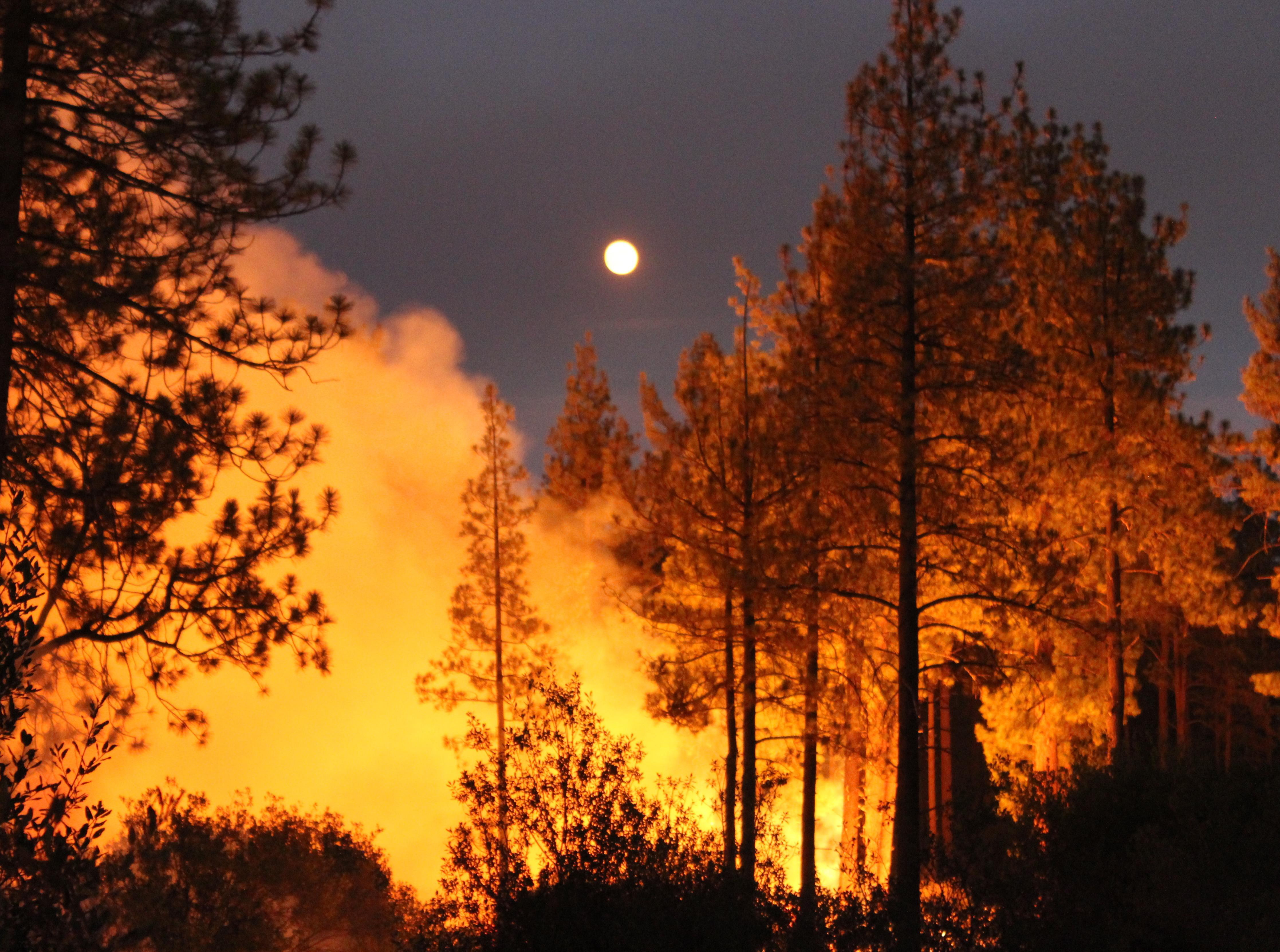 epa06915392 A handout photo made available by the National Wildfire Coordinating Group (NWCG) on Inciweb on 28 July 2018 shows Moonrise over Apple Canyon caused by the Cranston Fire near Idyllwild, San Bernardino County, California, 27 July 2018 (issued 28 July 2018). San Bernardino National Forest officials on 27 July announced a forest order that temporarily closes all US Forest Service lands within both the San Jacinto Ranger District and Santa Rosa and San Jacinto Mountains National Monument.  EPA/NWCG / HANDOUT  HANDOUT EDITORIAL USE ONLY/NO SALES
