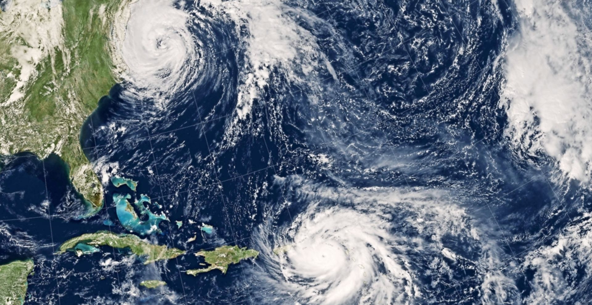 epa06214657 A handout photo made available by NASA shows an image acquired by the GOES-13 satellite at 1:15 pm local time (17:15 Universal Time) of Hurricanes Maria in the Caribbean (bottom) and Jose (L, top) in the North Atlantic Ocean, 19 September 2017. Category 5 Hurricane Maria devastated the island of Dominica on the night of 18 September and was headed for landfall on the heavily populated island of Puerto Rico on 20 September 2017. At the same time, a weakening Hurricane Jose approached the New England coast as it transitioned into a nor'easter-like extratropical storm. EPA/NASA Earth Observatory HANDOUT HANDOUT EDITORIAL USE ONLY/NO SALES