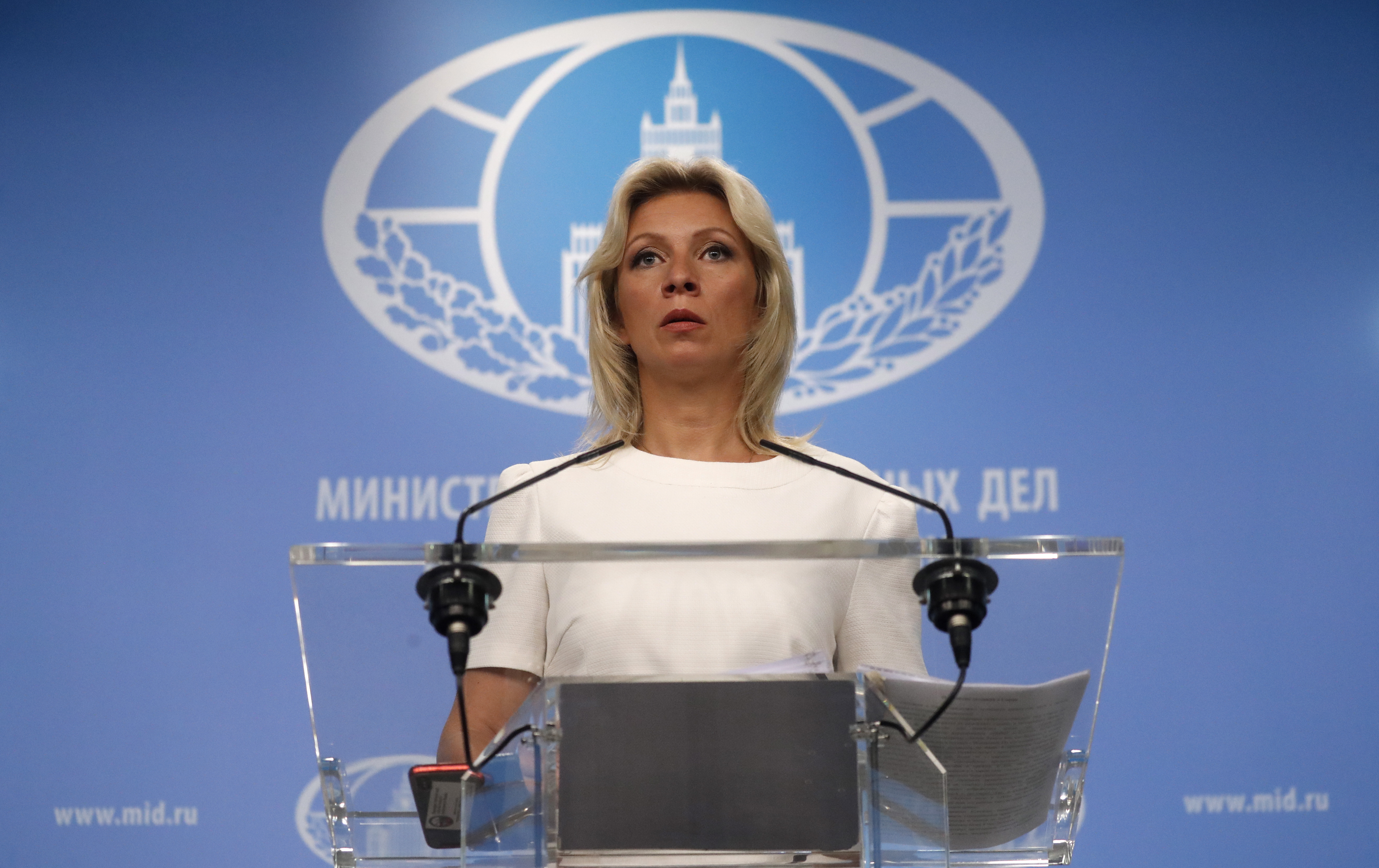 epa06925243 Maria Zakharova, the Russian Foreign Ministry's spokeswoman, attends a briefing in Moscow, Russia, 03 August 2018. Media reports on 31 July 2018 stated that Maria Zakharova has come out with a new career, writing lyrics for pops songs, with her work, 'Paid in Full' which is performed by Russian singer Katya Lel.  EPA/MAXIM SHIPENKOV
