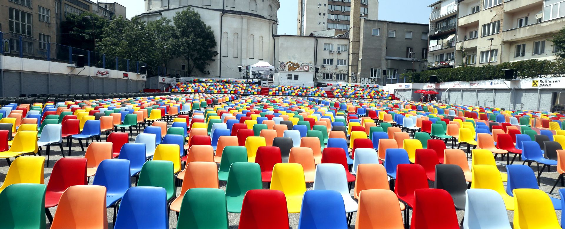epa06940595 A view of the seats at the open-air cinema for the 24th Sarajevo Film Festival, in Sarajevo, Bosnia and Herzegovina 10 August 2018. The festival, which runs from  10th August to 17th 2018, will feature more than 266 films.  EPA/FEHIM DEMIR