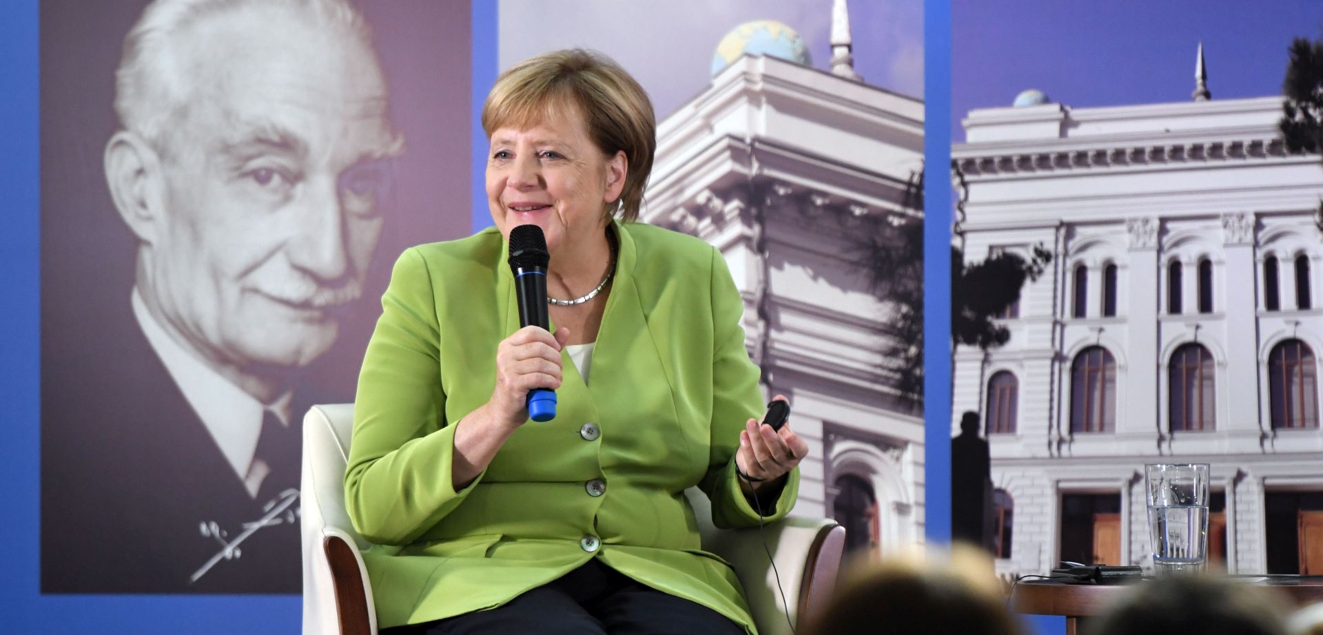 epa06967820 German Chancellor Angela Merkel speaks during her meeting with Georgian students at the Georgian State University in Tbilisi, Georgia, 24 August 2018. Angela Merkel is on an official visit to Georgia.  EPA/STR