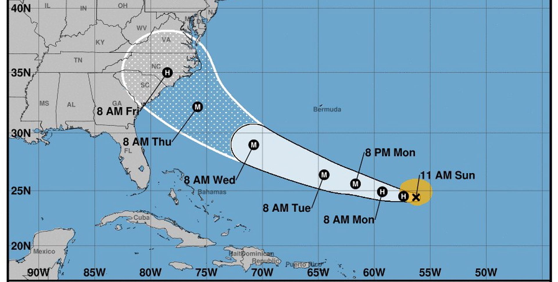 epa07008599 A handout photo made available by National Oceanic and Atmospheric Administration (NOAA) on 09 September 2018 shows a forecast cone for the storm center of hurricane Florence. According to reports, Florence is expected to strengthen to a category four hurricane and impact the east coast of the US between 13 and 14 September.  EPA/NOAA / HANDOUT  HANDOUT EDITORIAL USE ONLY/NO SALES