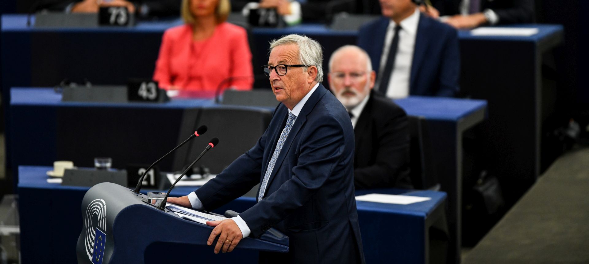 epa07014158 President of the European Commission Jean-Claude Juncker delivers the annual State of The European Union speech in the European Parliament in Strasbourg, France, 12 September 2018. Juncker's fourth State of the Union Address in the European Parliament comes ahead of the 2019 European elections and in the context of the ongoing debate about the future of the European Union at 27.  EPA/PATRICK SEEGER