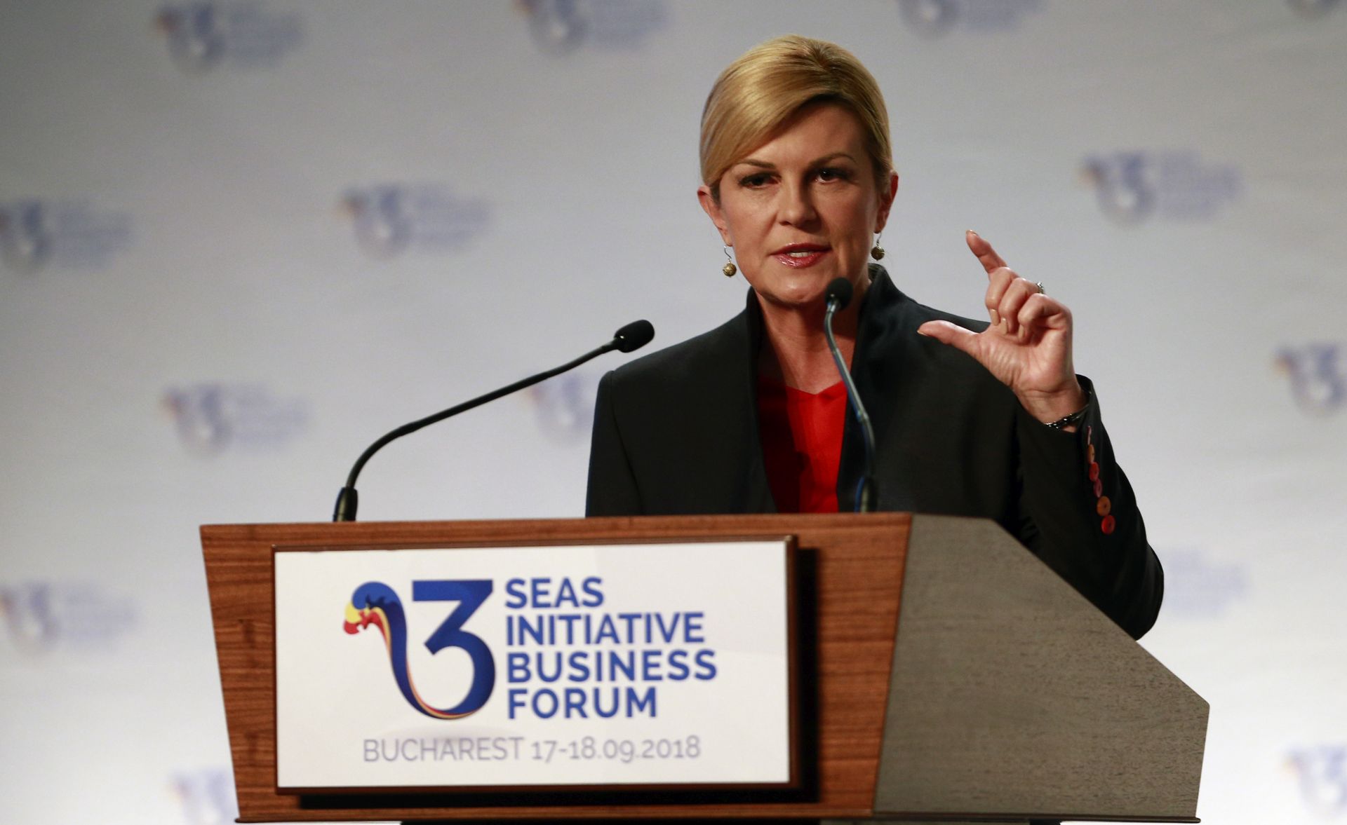 epa07027544 Croatia's President Kolinda Grabar-Kitarovic speaks at the opening of the summit 'Three Seas Initiative Business Forum' in Bucharest, Romania 17 September 2018. Romania hosts the third summit 'Three Seas Initiative Business Forum', referring to the Baltic, Black and Adriatic Seas, on 17 and 18 September 2018.  EPA/BOGDAN CRISTEL