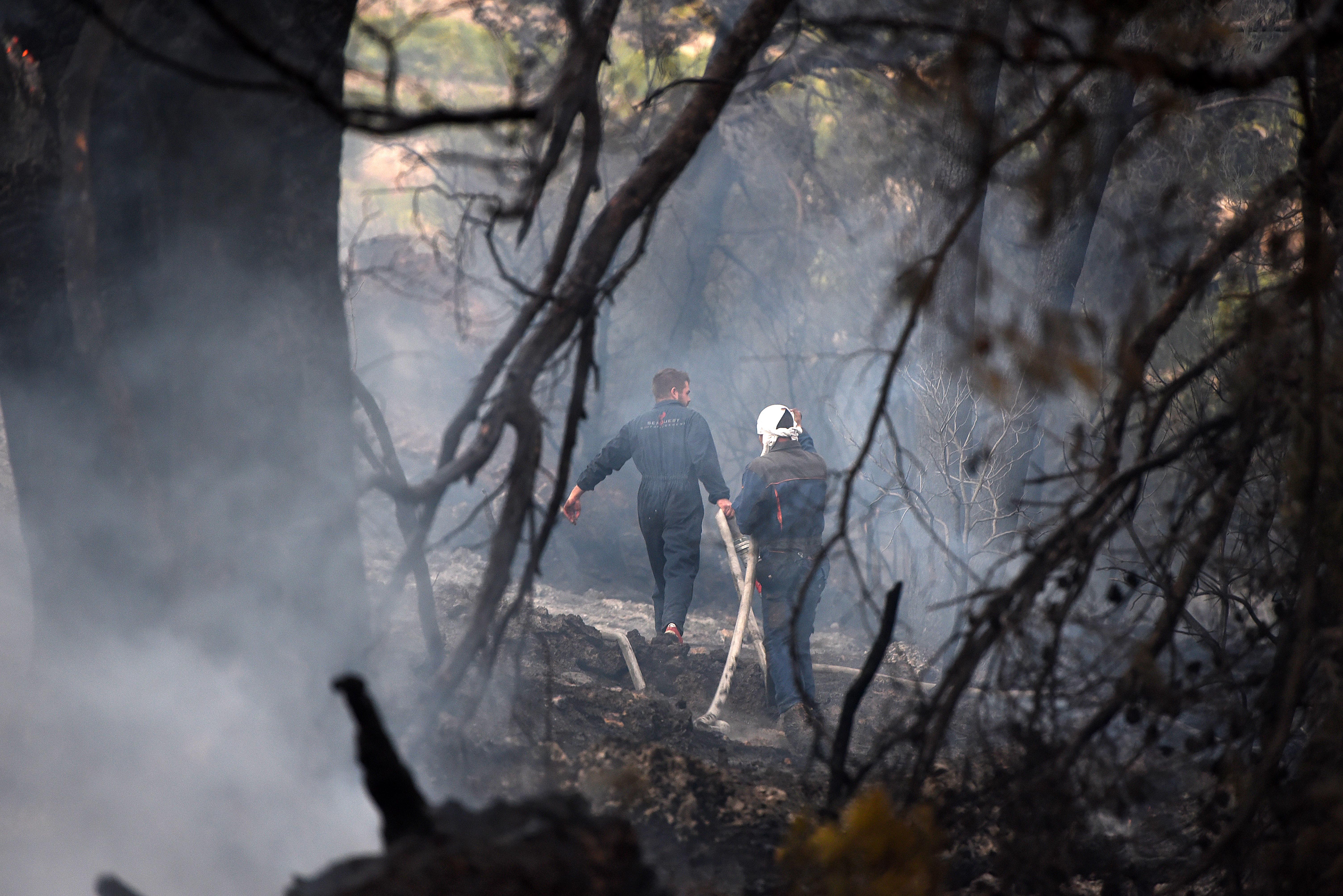 Peljeac, 25.9.2018. - Na èetiri kuæe u Stankoviæima, na podruèju Orebiæa, poar je u utorak popodne zahvatio potkrovlje i dio fasade, dok su donji dijelovi spaeni, a kako je bura malo oslabjela, poar osim kopnenih snaga gase i kanaderi, izjavio je za Hinu upanijski vatrogasni zapovjednik Stjepan Simoviæ. Na fotografiji vatrogasci. foto HINA/ Mario STRMOTIÆ/ ml