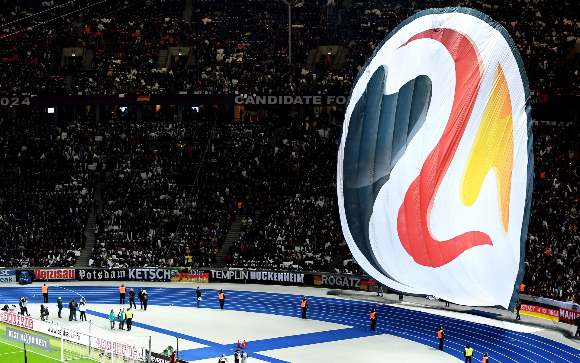 epa07050945 (FILE) - German fans perform a choreography with the logo of Germany's candidacy for the UEFA EURO 2024 prior to an International Friendly soccer match between Germany and Brazil at the Olympic stadium in Berlin, Germany, 27 March 2018 (re-issued 27 September 2018). Germany will host the UEFA EURO 2024 soccer championship, the UEFA announced on 27 September 2018 in Nyon, Switzerland.  EPA/CLEMENS BILAN *** Local Caption *** 54227558