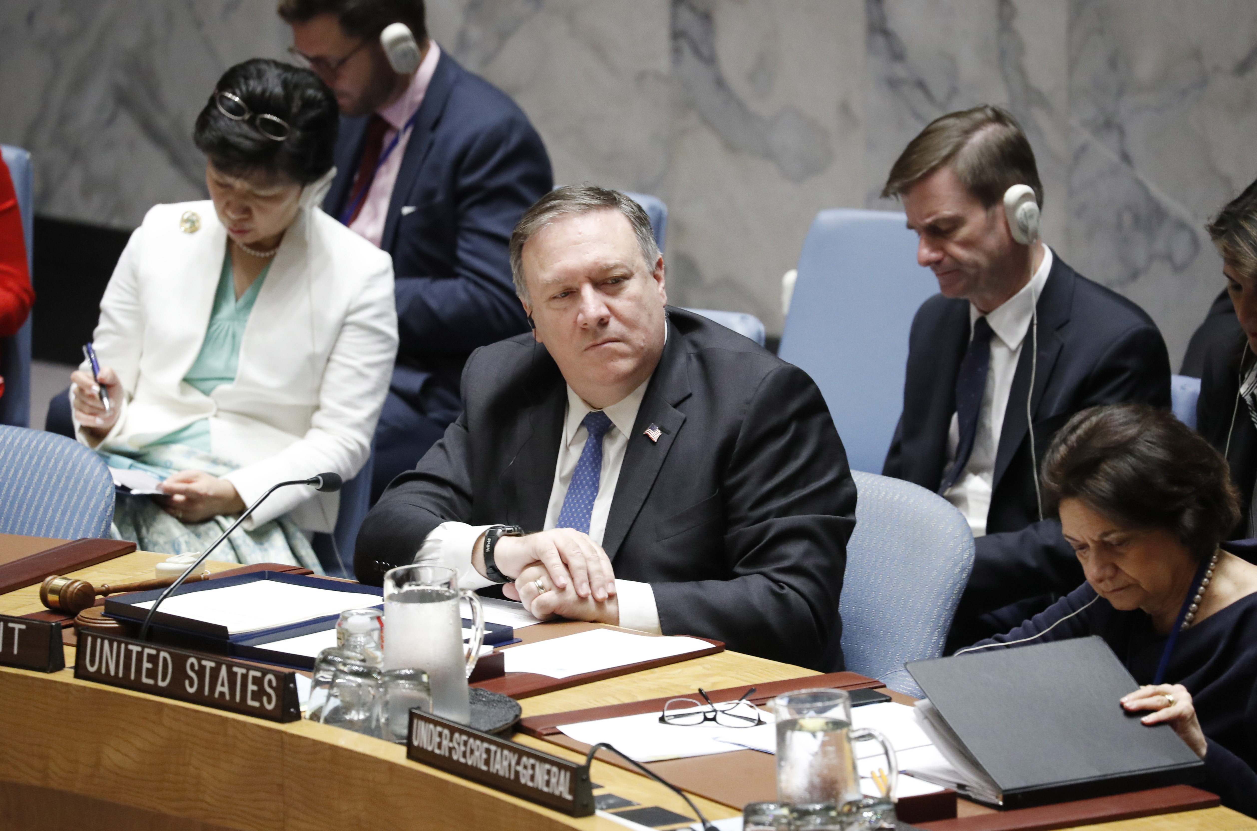 epa07051216 US Secretary of State Mike Pompeo chairs a UN Security Council meeting on the sidelines of the 73rd session of the General Assembly of the United Nations at United Nations Headquarters in New York, New York, USA, 27 September 2018. The General Debate of the 73rd session began on 25 September 2018 and runs until 01 October 2018.  EPA/JASON SZENES