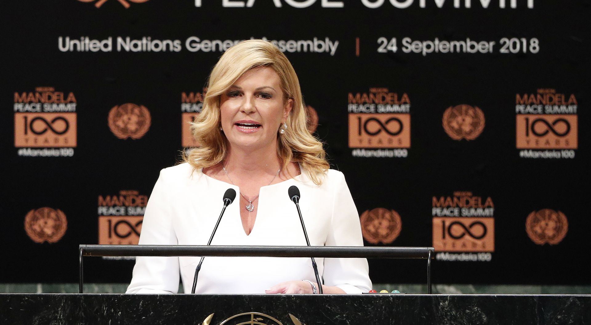 epa07043617 Croatia President Kolinda Grabar-Kitarovic speaks at the Mandela Peace Summit during the 73rd session of the General Assembly of the United Nations at United Nations Headquarters in New York, New York, USA, 24 September 2018. The General Debate of the 73rd session begins on 25 September 2018.  EPA/JUSTIN LANE