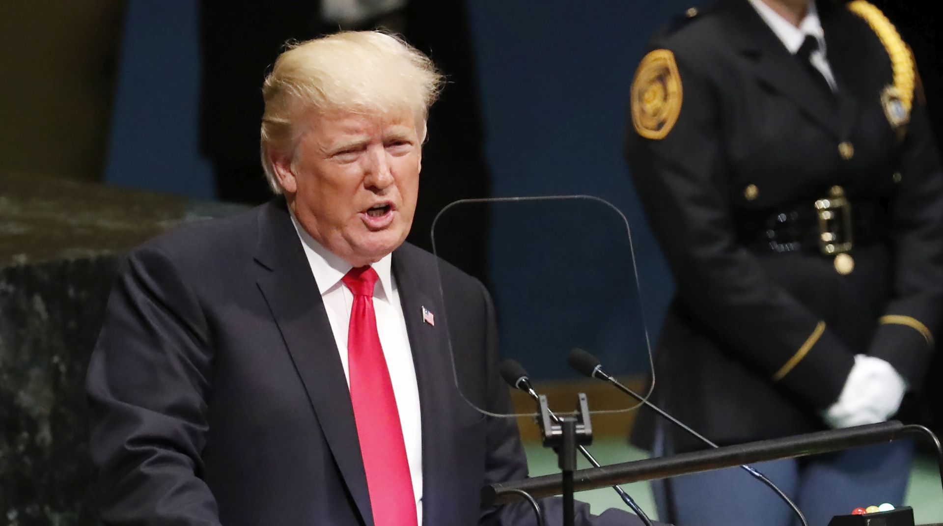 epa07045809 US President Donald Trump addresses the General Debate of the General Assembly of the United Nations at United Nations Headquarters in New York, New York, USA, 25 September 2018. The General Debate of the 73rd session begins on 25 September 2018.  EPA/JASON SZENES