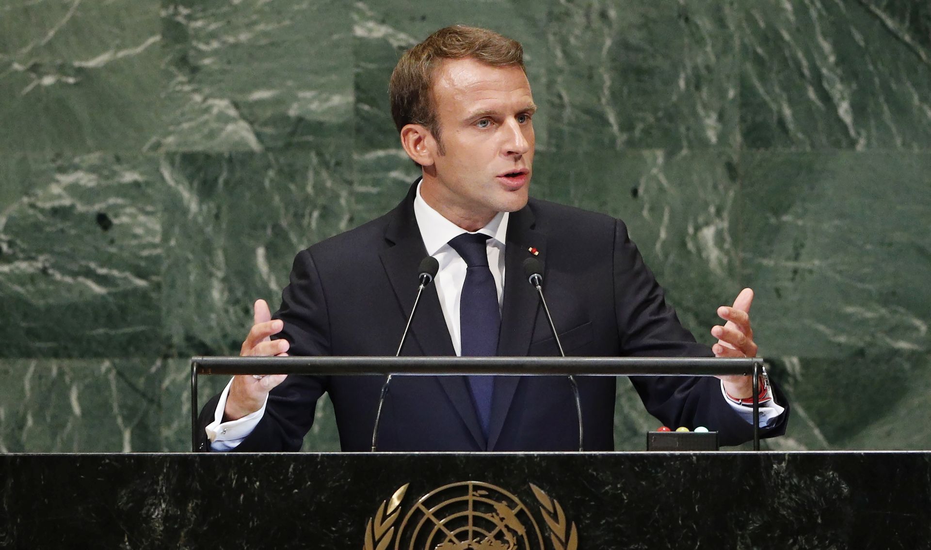epa07046253 French President Emmanuel Macron addresses the General Debate of the General Assembly of the United Nations at United Nations Headquarters in New York, New York, USA, 25 September 2018. The General Debate of the 73rd session begins on 25 September 2018.  EPA/JUSTIN LANE