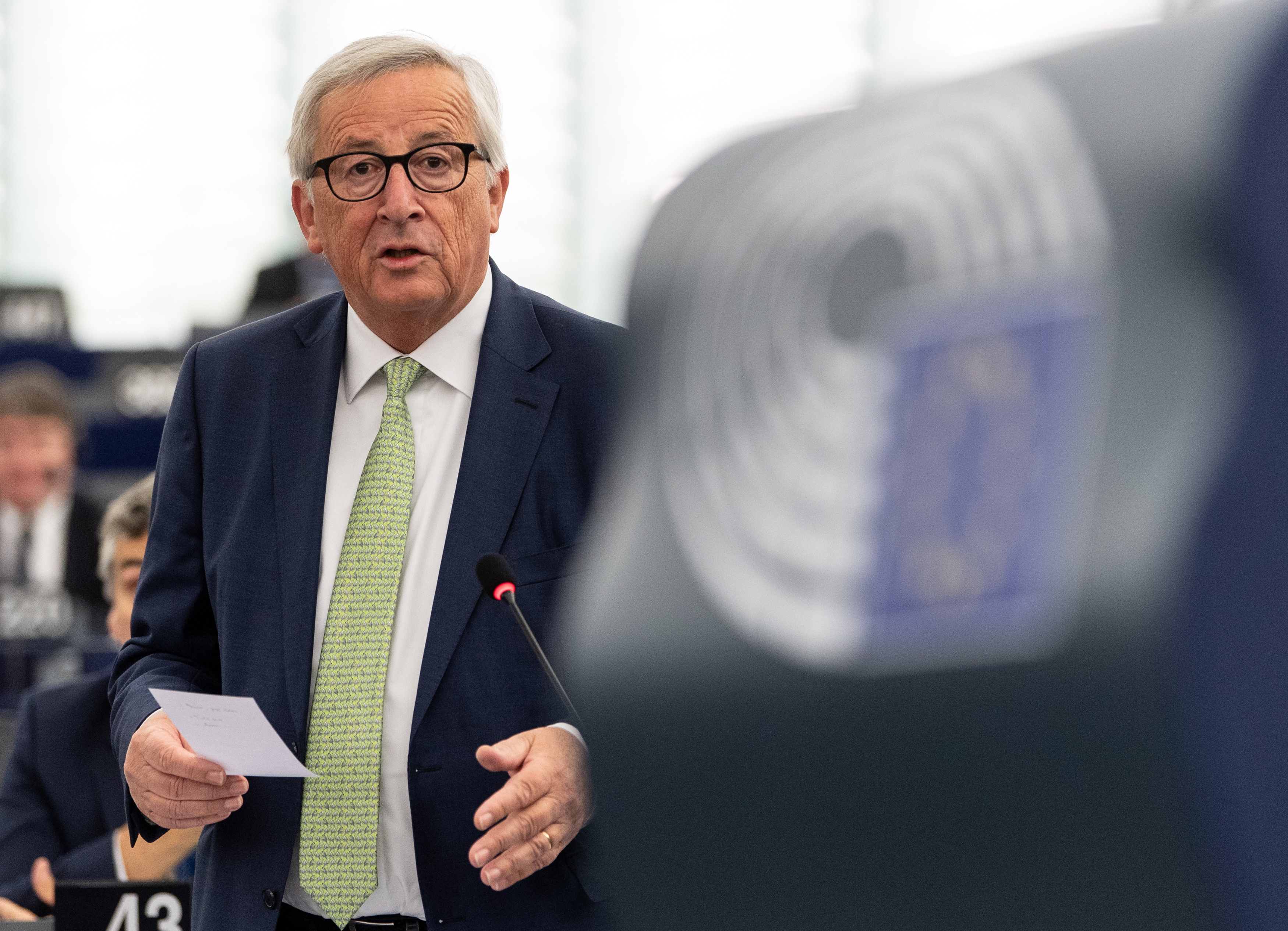 epa07062893 Jean-Claude Juncker, President of the European Commission, delivers his speech at the European Parliament in Strasbourg, France, 02 October 2018 during the debate on their priorities for the 18 October 2018 meeting of EU heads of state or government in Brussels.  EPA/PATRICK SEEGER