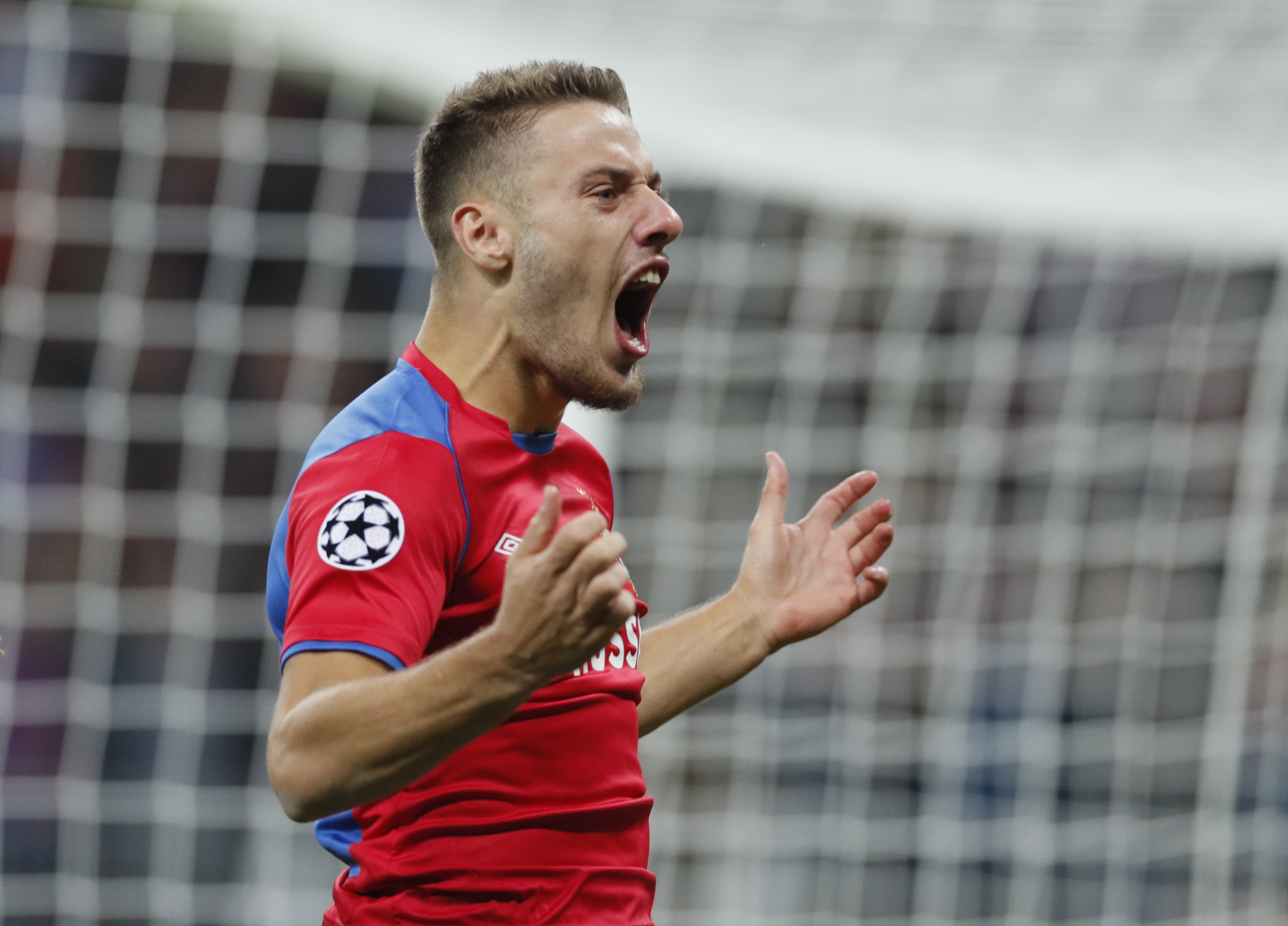 epa07064962 Nikola Vlasic of CSKA Moskva reacts after scoring a goal to Real Madrid during Champions Leagues group stage match at Luzhniki stadium in Moscow, Russia, 02 October 2018.  EPA/YURI KOCHETKOV