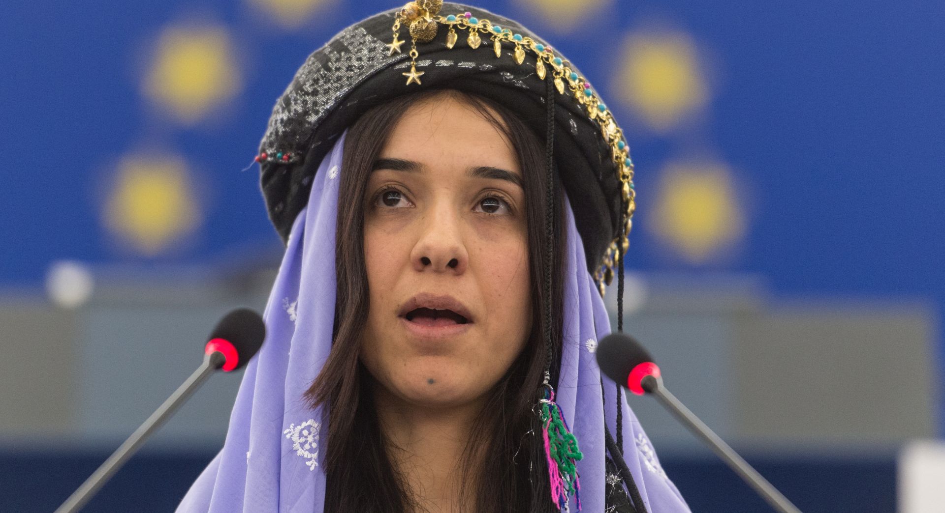 epa07071185 (FILE) - Iraqi Yazidi Islamic State survivor Nadia Murad winner of the Sakharov Price arrives for the awarding ceremony at the European Parliament in Strasbourg, France, 13 December 2016 (reissued 05 October 2018). Congolese gynecologist Denis Mukwege and Yazidi Kurdish human rights activist from Iraq Nadia Murad have won the 2018 Nobel Peace Prize, the Norwegian Nobel Committee based in Oslo, Norway, announced on 05 October 2018.  EPA/PATRICK SEEGER