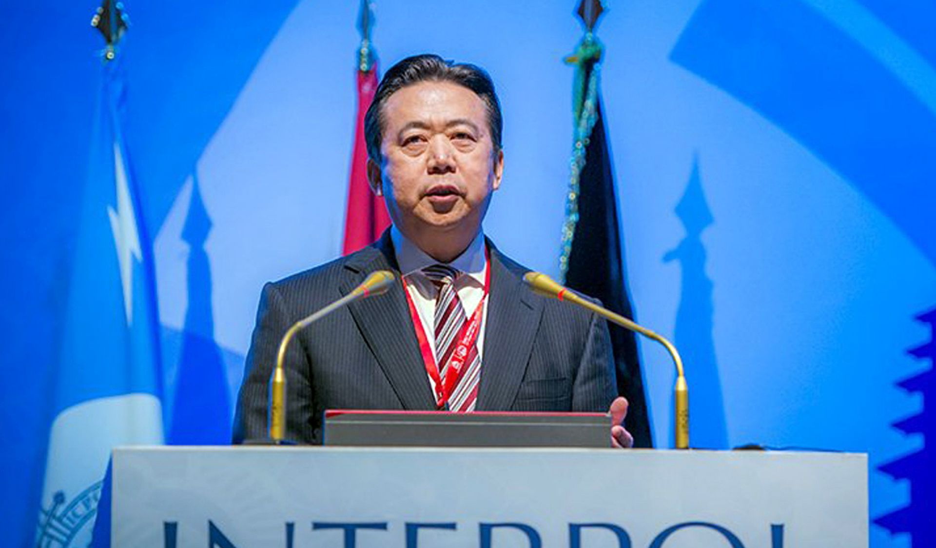 epa07071677 (FILE) - A handout image made available by Interpol showing Meng Hongwei, Chinese President of Interpol, speaking in Bali, Indonesia (reissued 05 October 2018). Reports on 05 October 2018 state French authorities haved started investigations following Meng Hongwei's wife reported him missing after he leaft Lyon in France to travel to China.  EPA/INTERPOL / HANDOUT  HANDOUT EDITORIAL USE ONLY/NO SALES