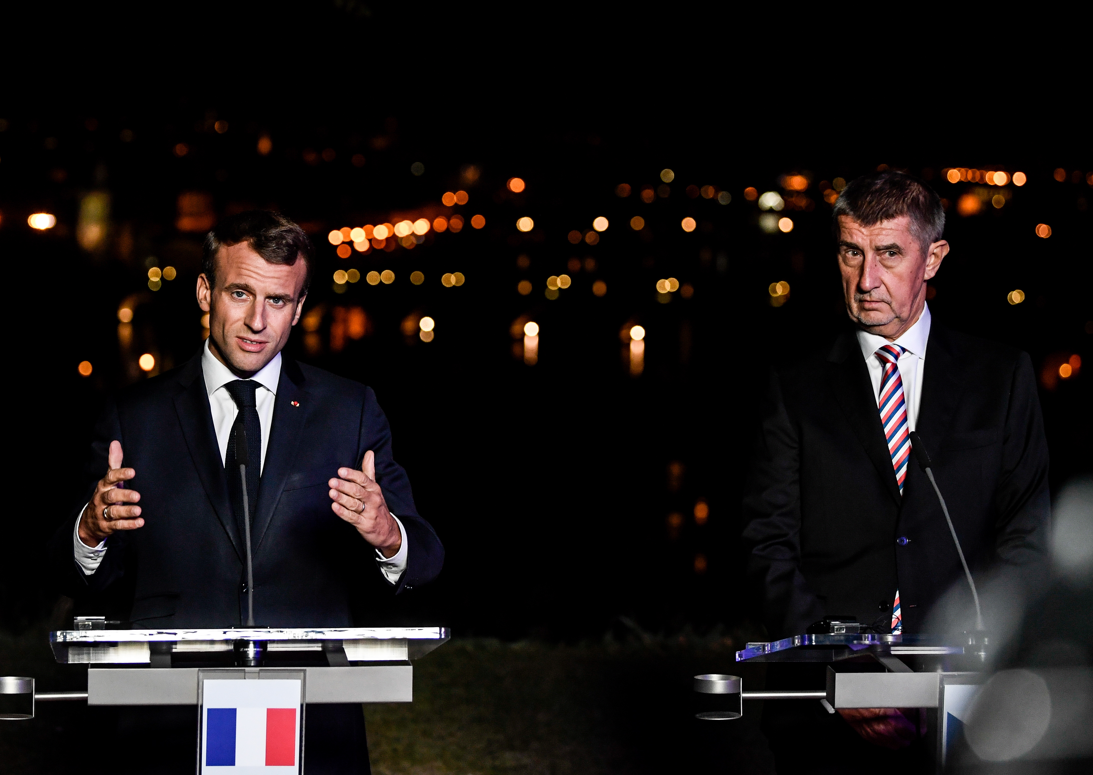 epa07122016 French President Emmanuel Macron (L) and Prime Minister of the Czech Republic Andrej Babis (R) speak at a press conference, in Prague, Czech Republic, 26 October 2018. Macron is on official visit to the Czech Republic as the country celebrates the 100th anniversary of the founding of Czechoslovakia in 1918.  EPA/FILIP SINGER