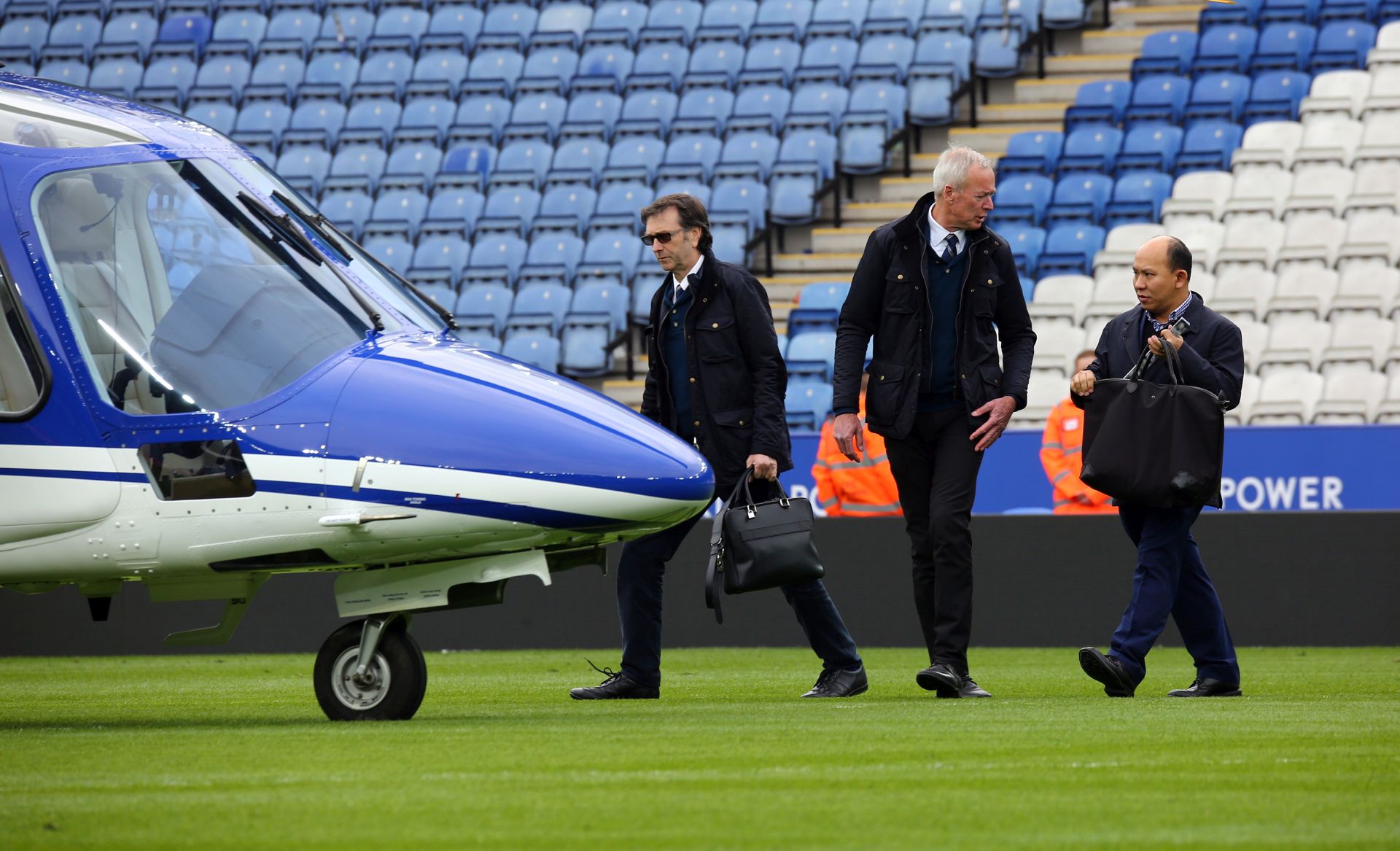 epa07125383 (FILE) - A partial view of the helicopter of Leicester City Chairman Vichai Srivaddhanaprabha (not seen) after the English Premier League soccer match between Leicester City and Southampton at The King Power Stadium in Leicester, Britain, 03 April 2016 (reissued 27 October 2018). According to reports on 27 October 2018, a helicopter of Leicester City owner Vichai Srivaddhanaprabha, has crashed and burst into flames outside King Power Stadium in Leicester after the Premier League soccer match between Leicester City and West Ham United. It is still unclear if Srivaddhanaprabha was onboard.  EPA/TIM KEETON