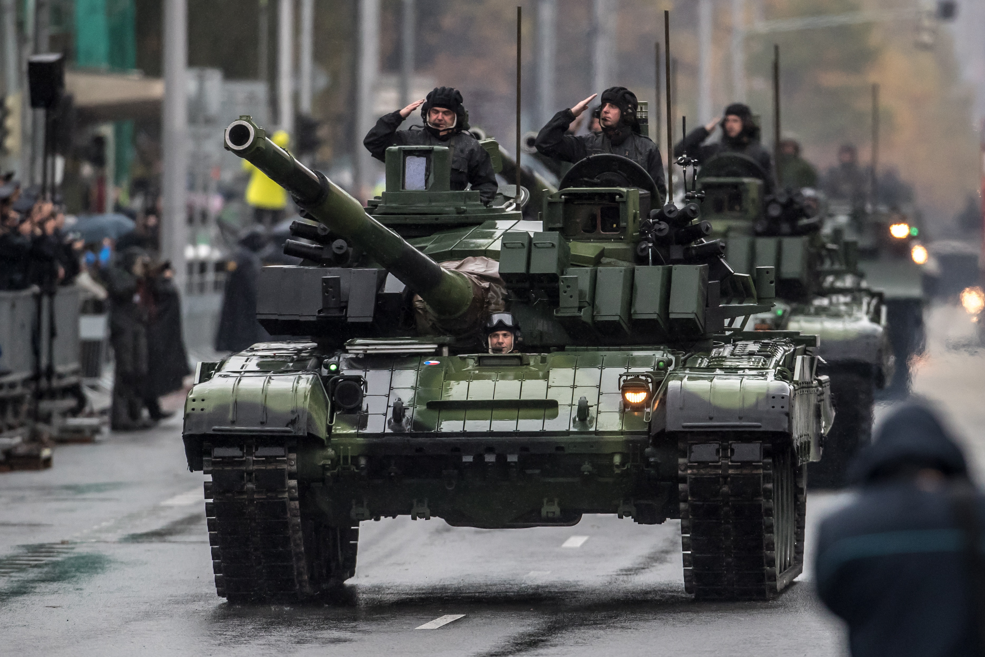 epa07126846 Soldiers on an armoured vehicle salute during a military parade to commemorate the 100th anniversary of the creation of the independent Czechoslovak state in Prague, Czech Republic, 28 October 2018. About 4357 people and 236 vehicles took part in the parade. The Czech Republic celebrate the 100th anniversary of the founding of Czechoslovakia in 1918 on 28 October. Czechoslovakia declared its independency from the Austro-Hungarian Empire in 1918 and existed until 1992 before the state peacefully split into the Czech Republic and the Slovakia on 01 January 1993.  EPA/MARTIN DIVISEK
