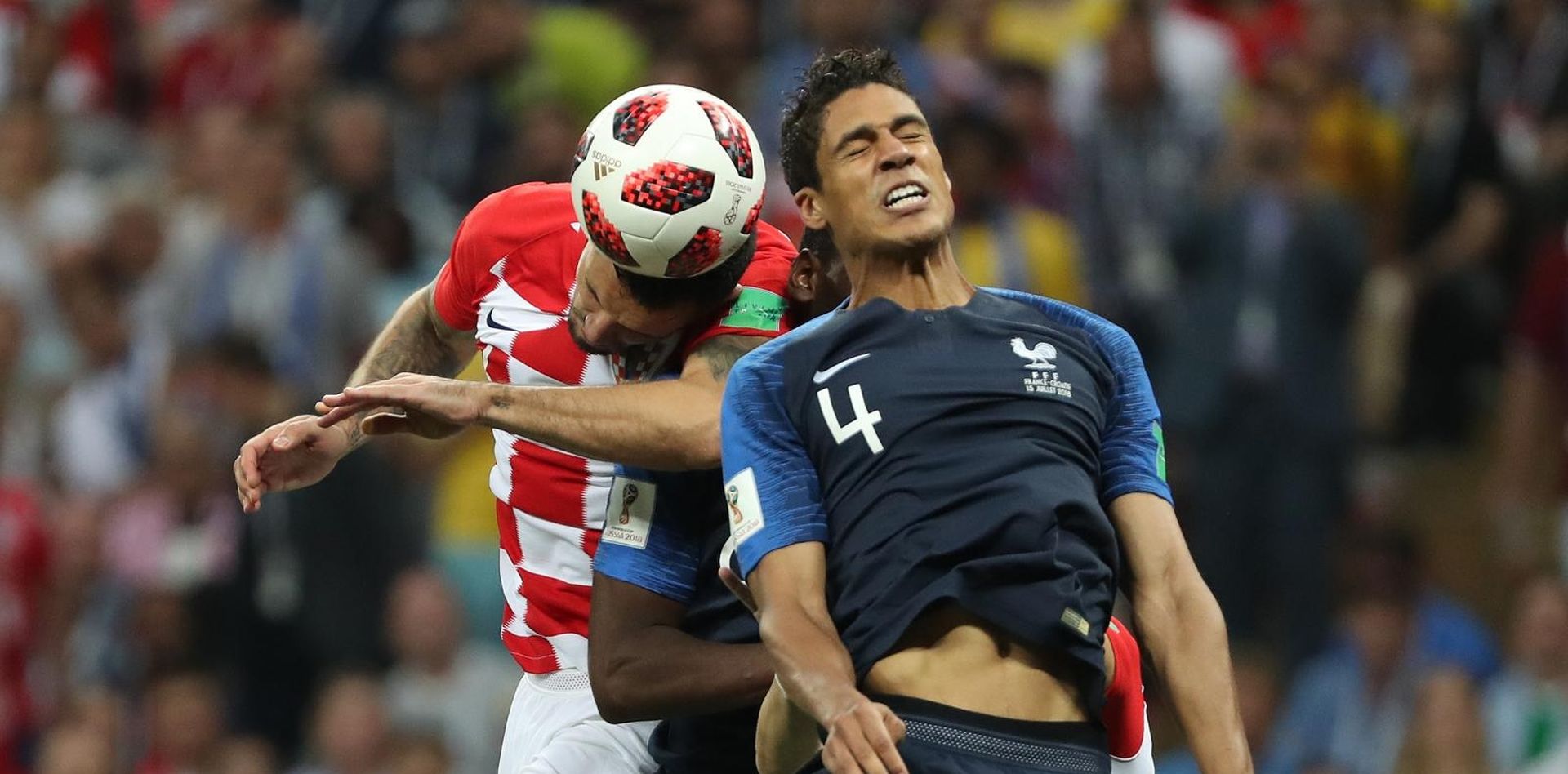 15.07.2018., stadion Luznjiki, Moskva, Rusija - Svjetsko nogometno prvenstvo 2018., finale, Francuska - Hrvatska. Dejan Lovren, Raphael Varane  Photo: Igor Kralj/PIXSELL