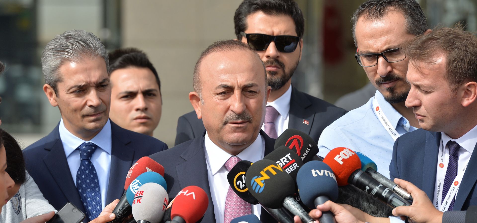 epa07099346 Turkish Foreign Minister Mevlut Cavusoglu (C) speaks to the media at Ankara Esenboga Airport in Ankara, Turkey, 17 October 2018. Cavusoglu, who met on the day with US Secretary of State Mike Pompeo, said that Turkish police will search the Saudi Consul residence and diplomatic cars for missing Saudi journalist Jamal Khashoggi, who disappeared after entering the Saudi consulate in Istanbul, Turkey on 02 October.  EPA/STRINGER