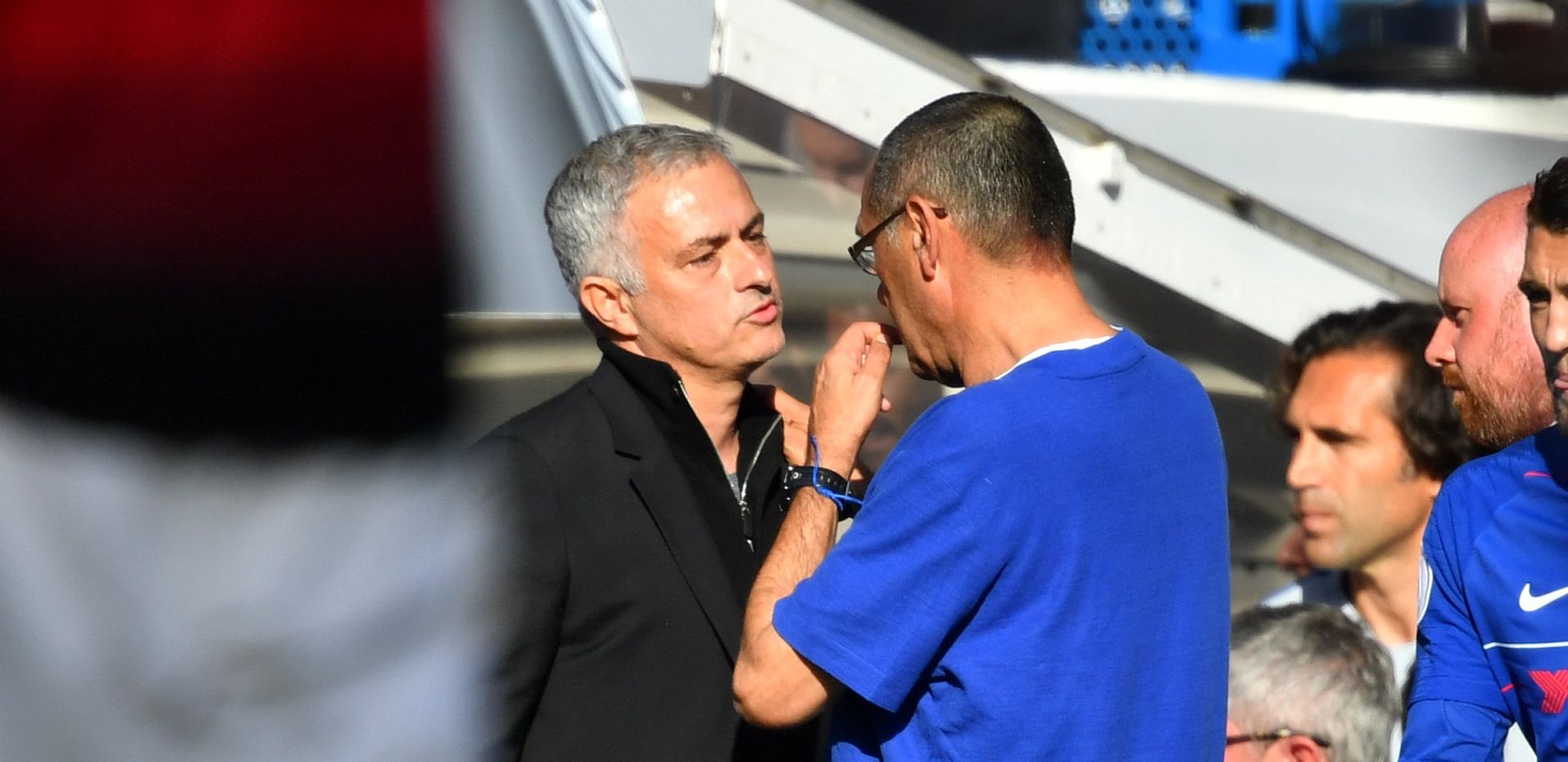 Premier League - Chelsea v Manchester United Soccer Football - Premier League - Chelsea v Manchester United - Stamford Bridge, London, Britain - October 20, 2018  Manchester United manager Jose Mourinho and Chelsea manager Maurizio Sarri speak after the match  REUTERS/Dylan Martinez  EDITORIAL USE ONLY. No use with unauthorized audio, video, data, fixture lists, club/league logos or "live" services. Online in-match use limited to 75 images, no video emulation. No use in betting, games or single club/league/player publications.  Please contact your account representative for further details. DYLAN MARTINEZ