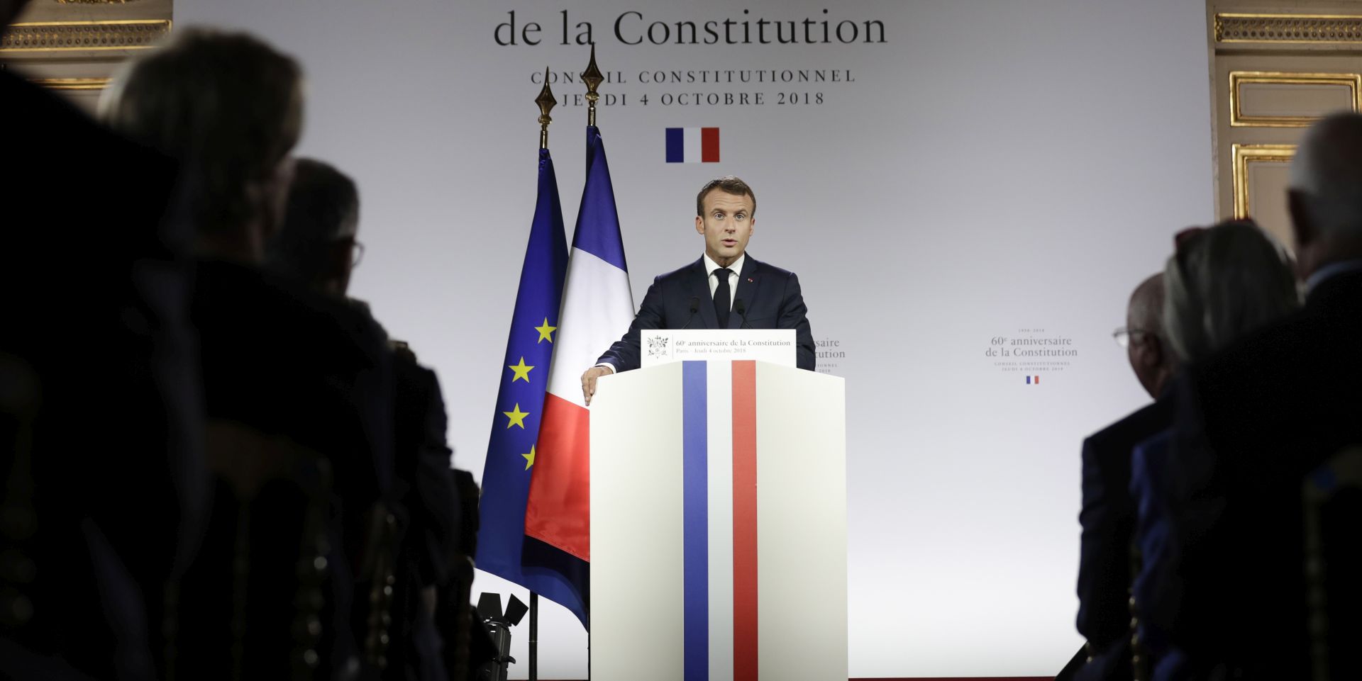 epa07069417 French President Emmanuel Macron gives a speech at the Constitutional Council in Paris, France, 04 October 2018, during a meeting to mark the 60th anniversary of the promulgation of the Constitution of the Fifth Republic adopted by referendum on 28 September 1958.  EPA/THOMAS SAMSON / POOL MAXPPP OUT