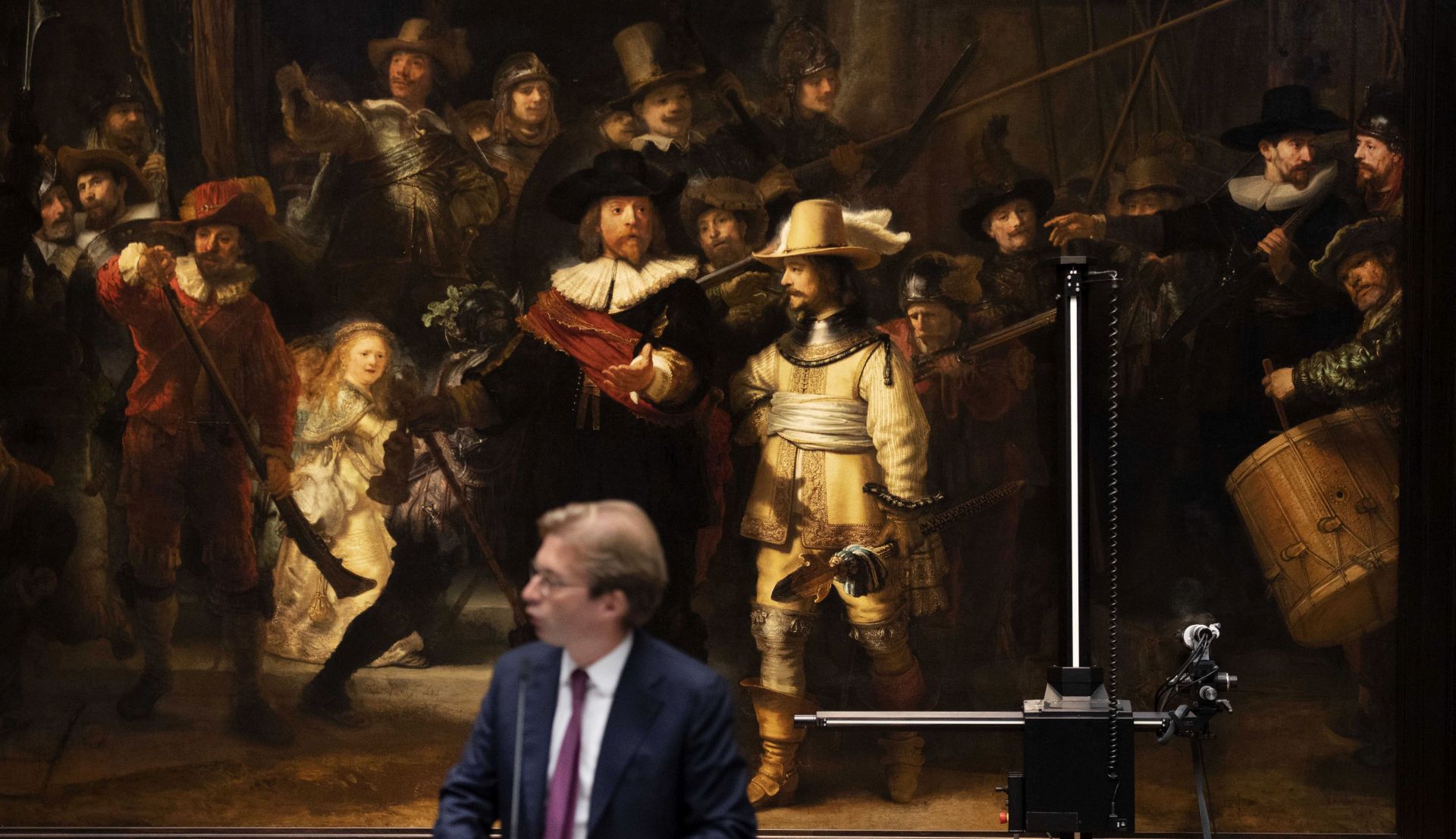 epa07096515 Director Taco Dibbits of the Rijksmuseum announces that De Nachtwacht (the Night Watch) of Dutch painter Rembrandt will be restored in 2019 in front of the public, Amsterdam, the Netherlands, 16 October 2018.  EPA/OLAF KRAAK