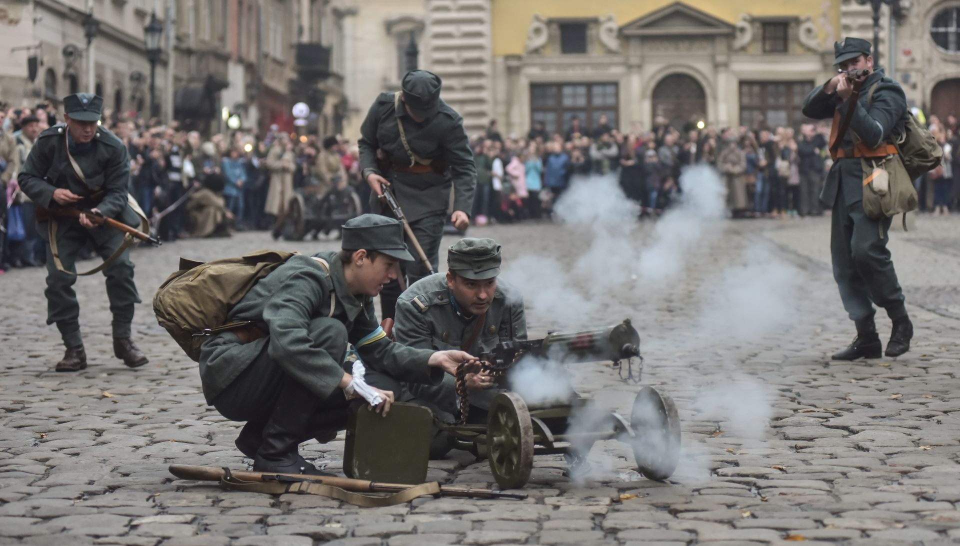 epa07141143 Members of different Ukrainian historical military clubs wearing historical uniforms attend the reenactment of November 1918 battle between Poland forces and Western Ukrainian People's Republic army in Lviv, Ukraine, 04 November 2018. The Polish-Ukrainian War of 1918 and 1919 was a conflict between the forces of the Second Polish Republic and West Ukrainian People's Republic for the control over Eastern Galicia after the dissolution of Austria-Hungary. The ethnic composition of Galicia underlay the conflict between the Poles and Ukrainians there.  EPA/PAVLO PALAMARCHUK