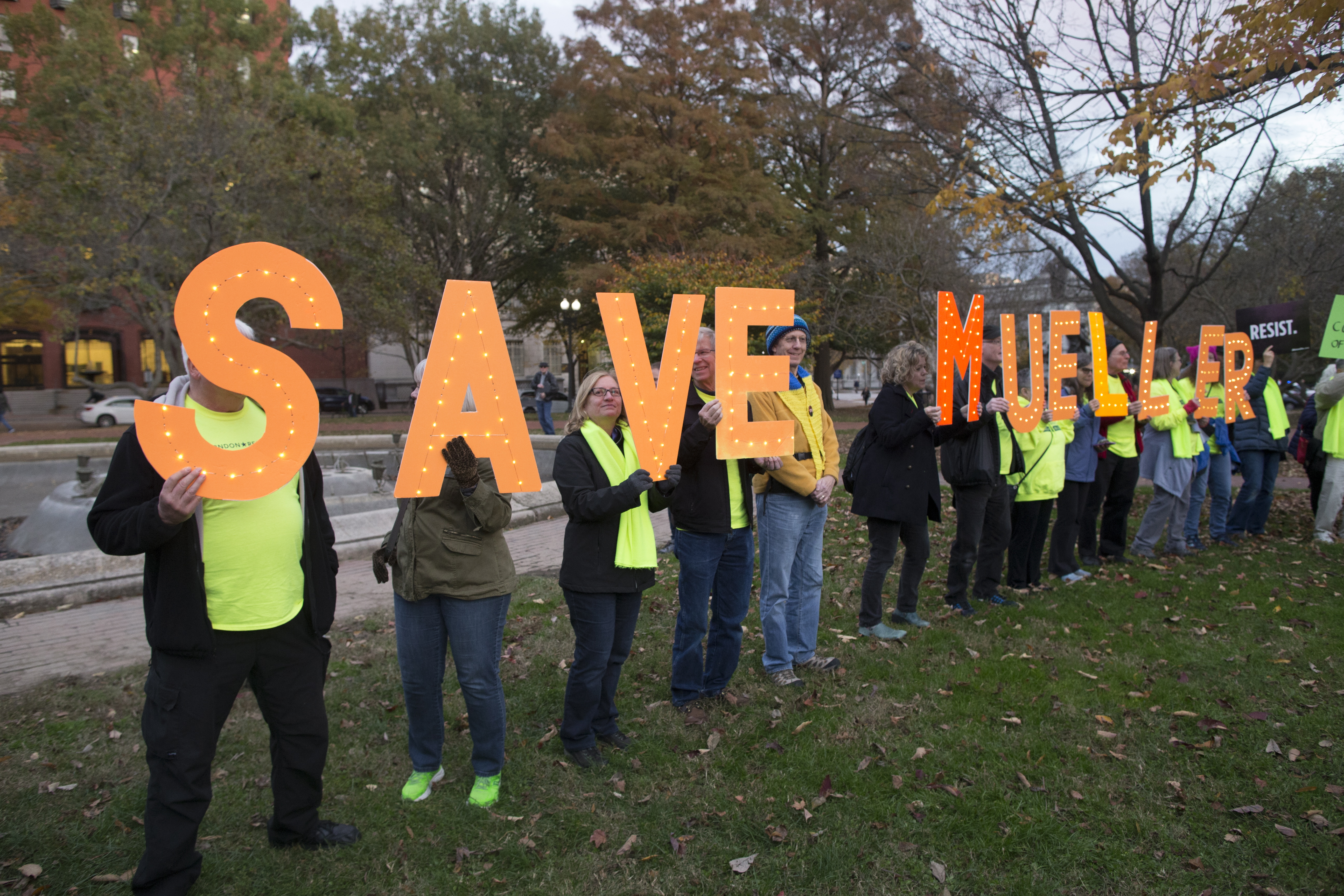 epa07152184 People protest against US President Donald J. Trump giving Acting Attorney General Matt Whitaker oversight of the Special Counsel investigation into alleged Russian 2016 presidential election meddling, at Lafayette Park in Washington, DC, USA, 08 November 2018 while holding signs refering to special counsel Robert Mueller. Upon the request of US President Donald J. Trump, Jeff Sessions handed in his resignation as US Attorney General, 07 November, and Deputy Attorney General Rod Rosenstein will no longer oversee the federal Russia investigation.  EPA/MICHAEL REYNOLDS