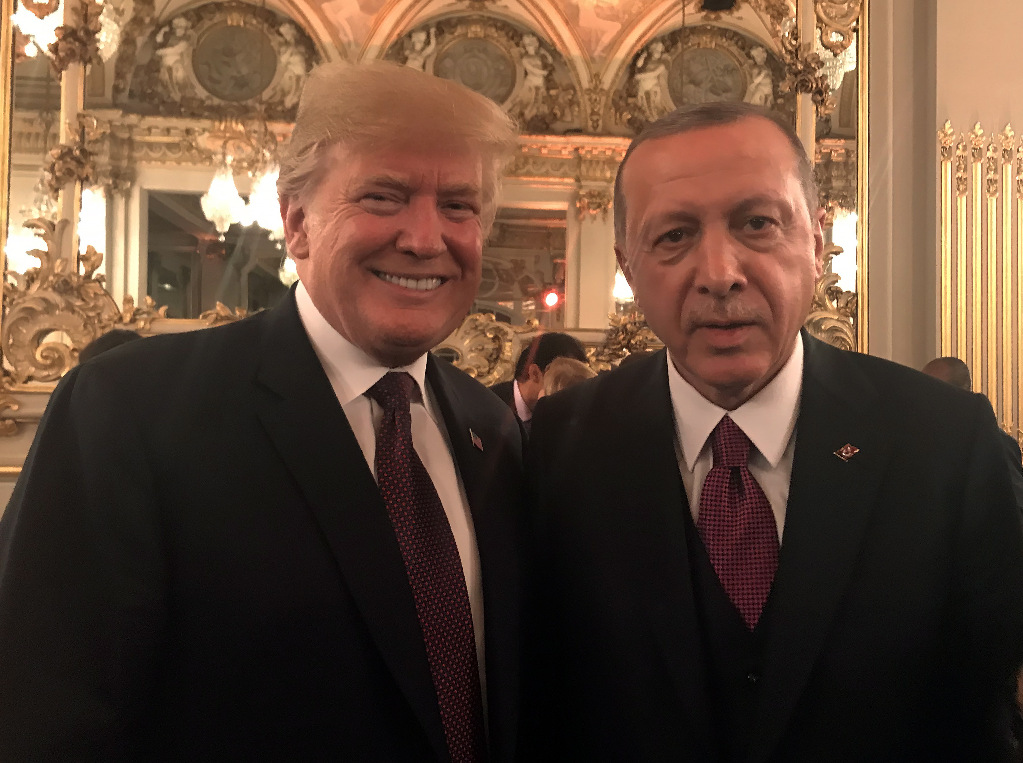 epa07157319 A handout photo made available by the Turkish Presidential Press Office on 11 November shows Turkish President Recep Tayyip Erdogan (R) and US President Donald J. Trump (L) at the official dinner on the eve of the international ceremony for the Centenary of the WWI Armistice of 11 November 1918 at the Orsay museum in Paris, France, early 11 November 2018. World leaders have gathered in France to  mark the 100th anniversary of the First World War Armistice with services taking place across the world to commemorate the occasion.  EPA/TURKISH PRESIDENTIAL PRESS OFFICE HANDOUT  HANDOUT EDITORIAL USE ONLY/NO SALES