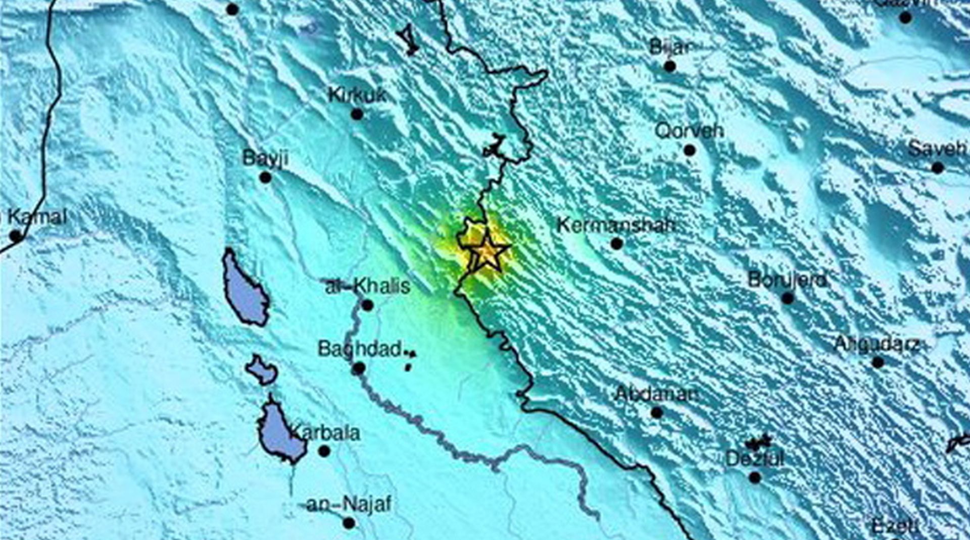 epa07189814 A handout photo made available by the United States Geological Survey (USGS)  of a USGS Shake Map showing the location of the 6.3 earthquake that has hit 20km South SouthWest of Sarpol-e Zahab, Iran, 25 November 2018. Current reports have no information on damage or injuries.  EPA/USGS / HANDOUT  HANDOUT EDITORIAL USE ONLY/NO SALES