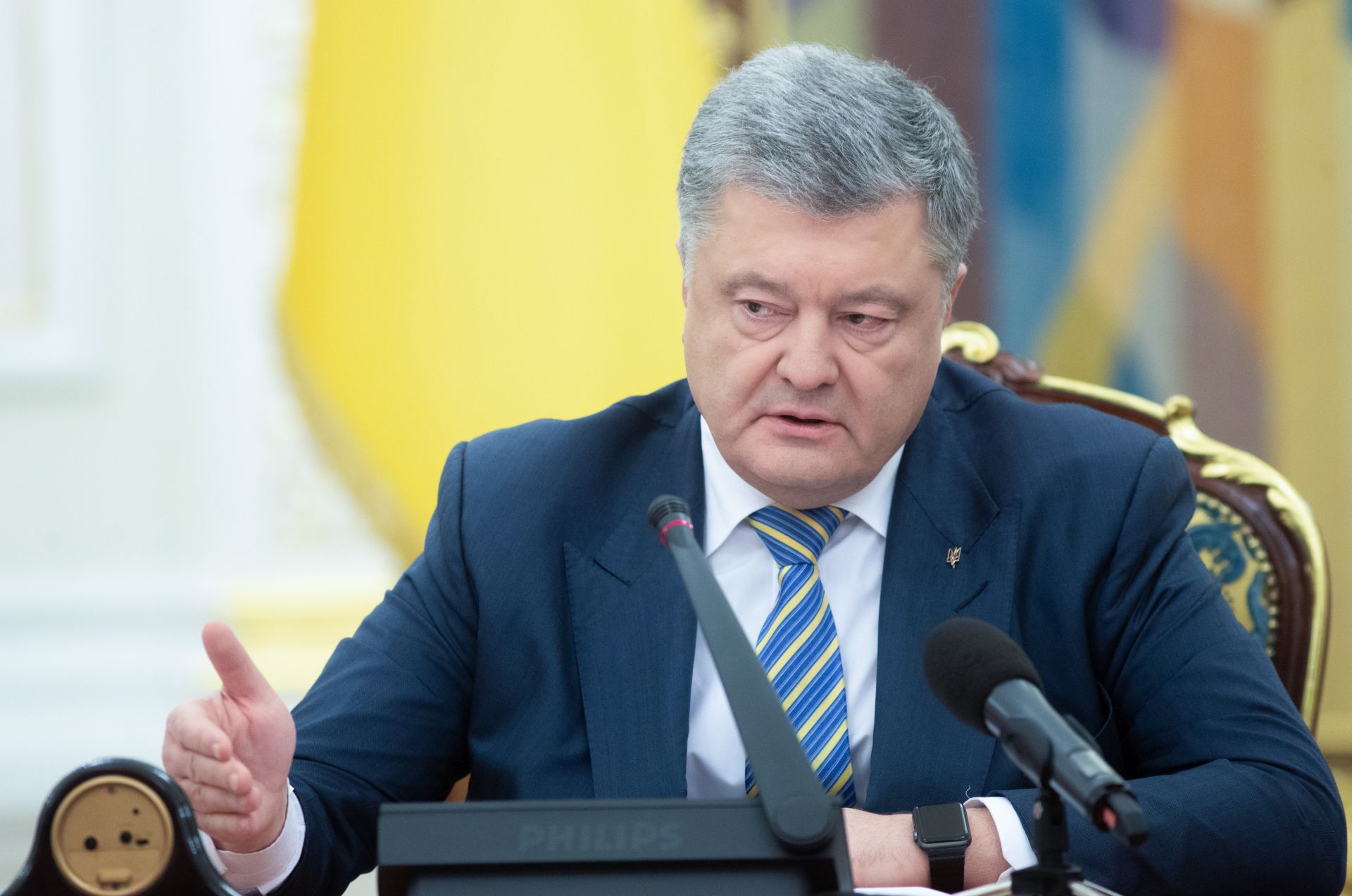 epa07190228 Ukrainian President Petro Poroshenko leads the National Security and Defence Council meeting in Kiev, Ukraine, 25 November 2018. Russia has seized three Ukrainian vessels amid their leaving the Kerch Strait; Ukrainian President Petro Poroshenko is gathering the Military Cabinet over the incident. The two small-sized `Berdiansk` and `Nikopol` armored artillery boats have come under enemy fire and are now dead in the water. The `Yany Kapu` tugboat has forcibly been stopped. The vessels have been captured by special forces of the Russian Federation, the press service of Ukraine`s Navy said on Facebook on Sunday evening. The Ukrainian Navy also reported the number of the Ukrainian servicemen wounded in the incident grew to two persons as Ukrainian media report.  EPA/MYKHAILO MARKIV / POOL