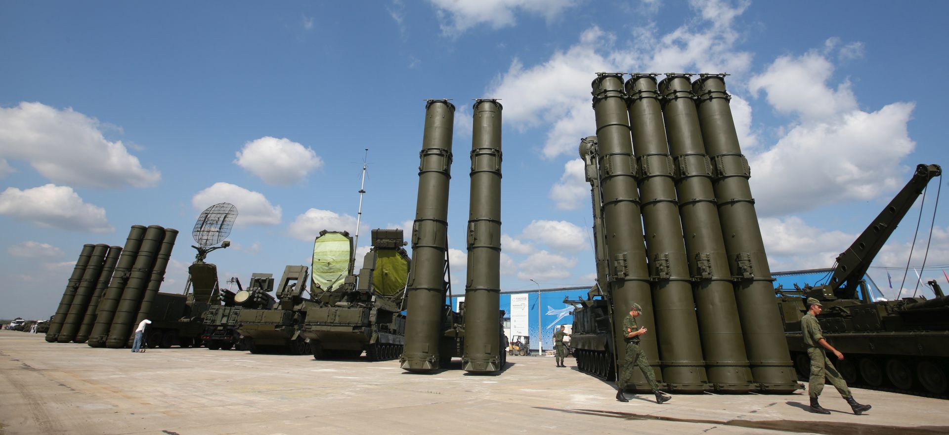 epa07194793 (FILE) - Russian anti-aicraft missile systemes S-300 (R) and S-400 (L) are on display at a military industrial exhibition 'Technologies in machine building' in the city of Zhukovsky, Moscow region, Russia, 11 August 2014 (reissued 28 November 2018). According to reports, Russia is planning to deploy S-400 missile systems on the Crimean Peninsula in the wake of the latest crisis with Ukraine. Three Ukrainian war ships were seized and their crew arrested by Russian navy for an alleged violation of the Russian sea border in the Kerch Strait connection the Balck Sea and the Sea of Azov.  EPA/SERGEI CHIRIKOV