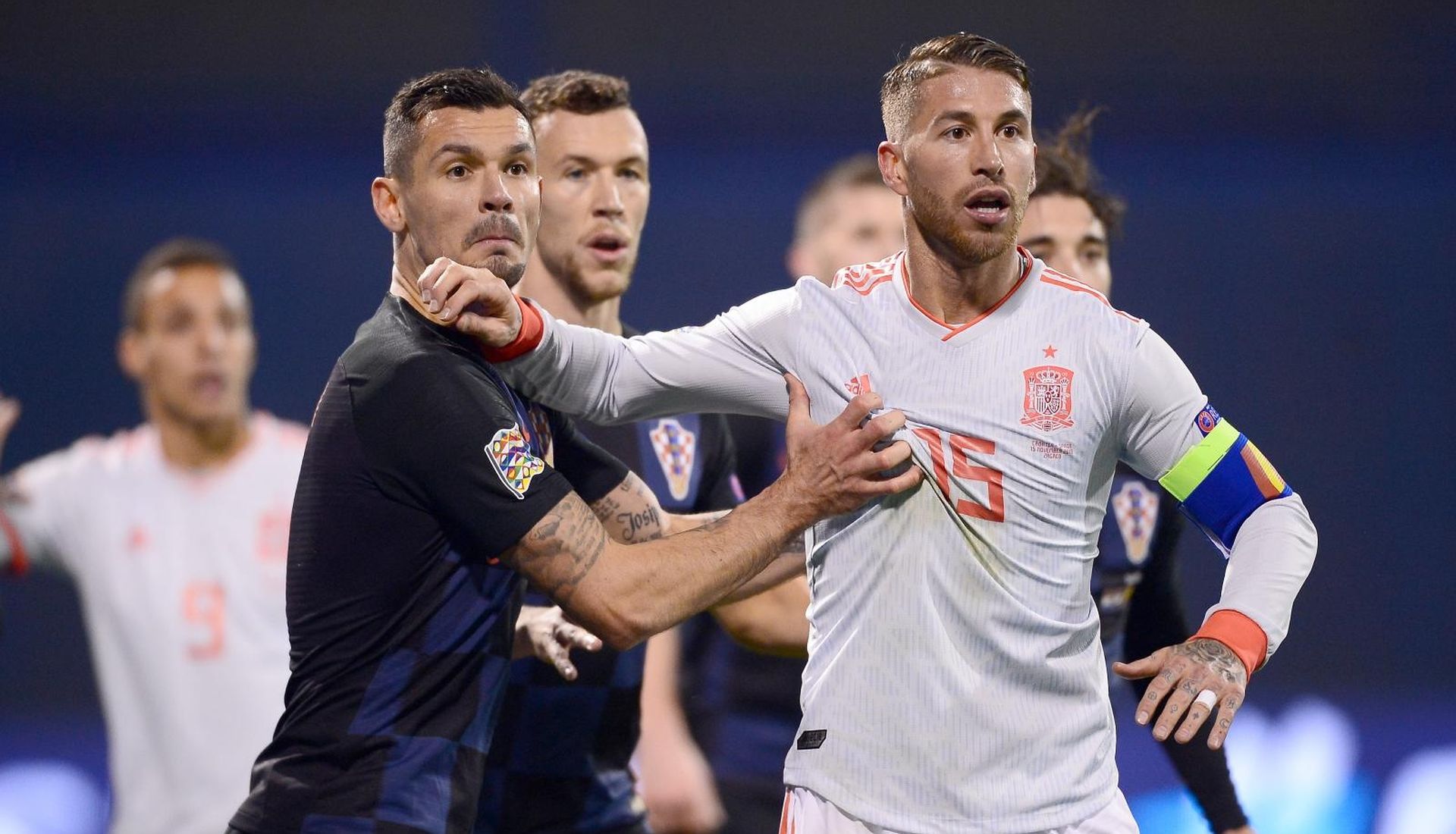 15.11.2018., stadion Maksimir, Zagreb - UEFA Liga nacija, Liga A, skupina 4, 3. kolo, Hrvatska - Spanjolska. Dejan Lovren, Sergio Ramos. Photo: Marko Prpic/PIXSELL