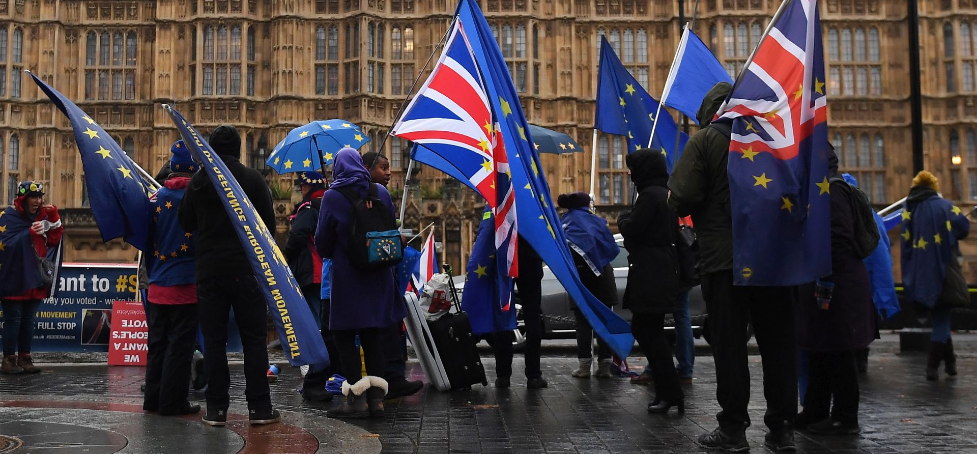 epa07179757 Anti Brexit protesters demonstrate outside Parliament in London, Britain, 20 November 2018. British Prime Minister Theresa May is facing a challenge to her leadership from hard Brexiteers who want to derail her EU withdrawal agreement.  EPA/ANDY RAIN