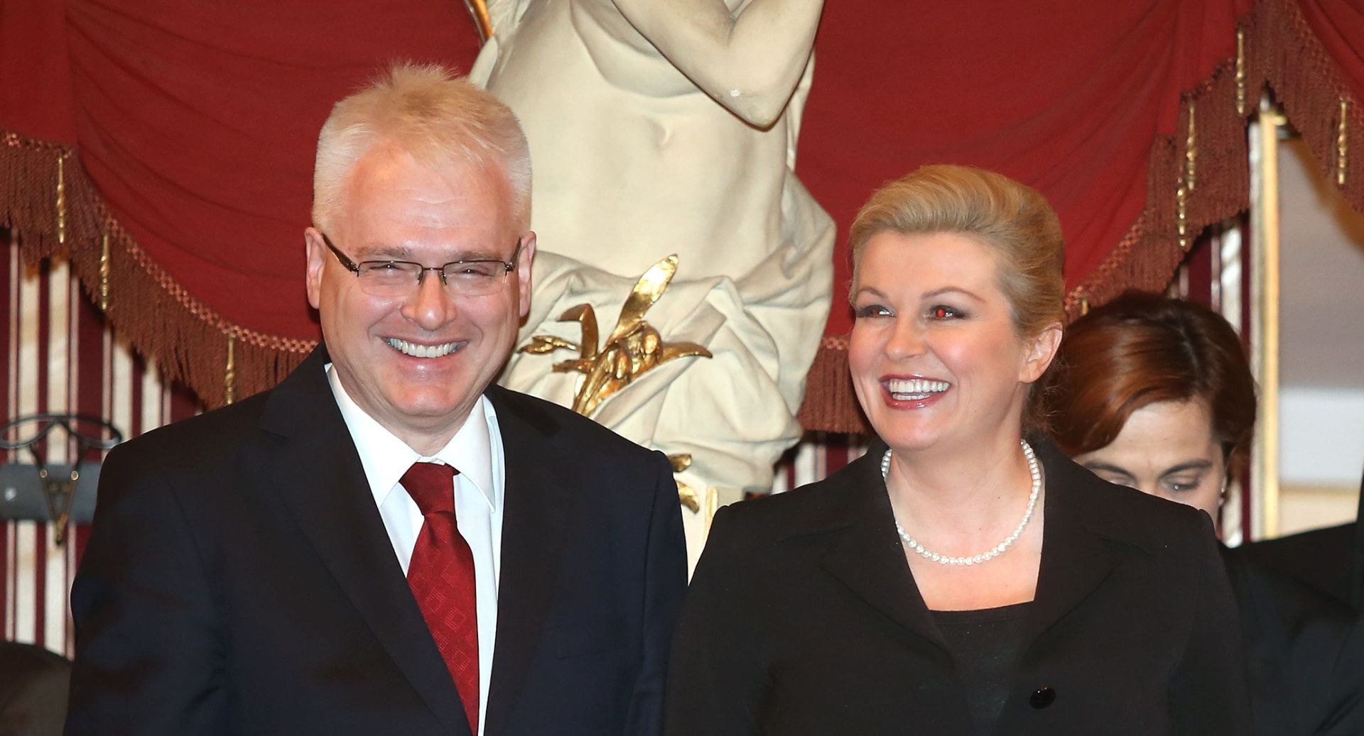 21.04.2015., Zagreb - U HNK odrzana je svecana akademija u povodu 200 godina od osnivanja prve srpske elementarne skole pri zagrebackoj, pravoslavnoj crkvenoj opcini i 10 godina od osnivanja Srpske pravoslavne opce gimnazije "Kantakuzina Katarina Brankovic". Predsjednica RH Kolinda Grabar Kitarovic, Stjepan Mesic i Ivo Josipovic. Photo: Sanjin Strukic/PIXSELL
