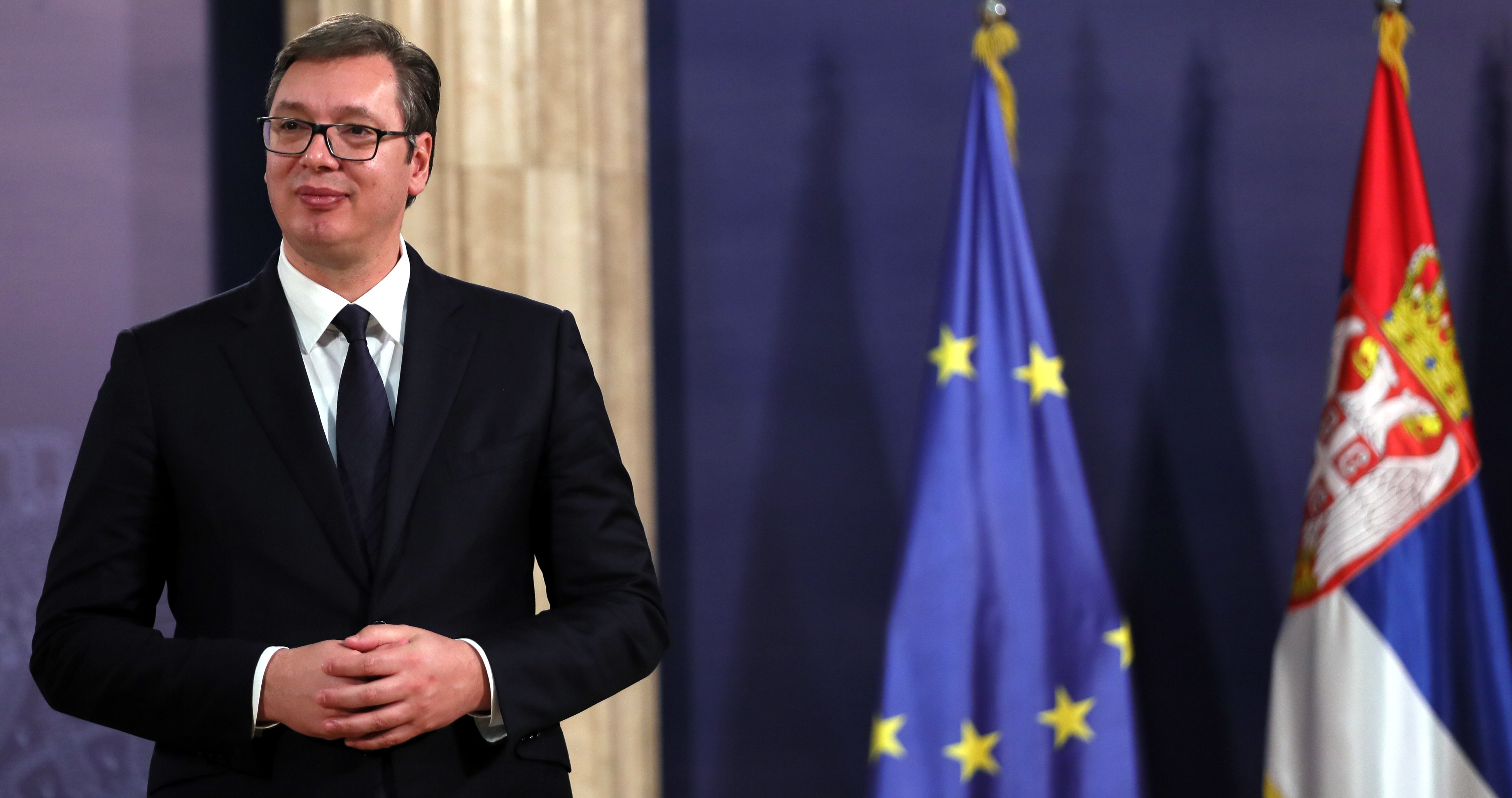 epa07179520 Serbian President Aleksandar Vucic and Serbian Minister of Foreign Affairs Ivica Dacic (not pictured) address  the media during a press conference on the rejection of Kosovo to the Interpol organization, in Belgrade, 20 November 2018. Reports state thaat Kosovo failed to secure the necessary support of two-thirds of Interpol's 192 member states in its bid to join the International Criminal Police Organisation at its general assembly in Dubai.  EPA/KOCA SULEJMANOVIC
