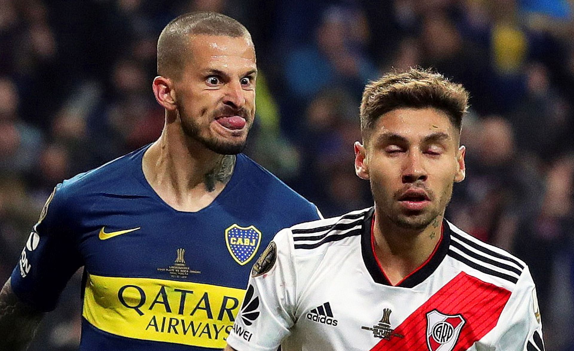epa07220495 Boca Juniors' Dario Benedetto (L) reacts after scoring the 1-0 lead next to River Plate's Gonzalo Montiel (R) during the Copa Libertadores final, second leg soccer match between River Plate and Boca Juniors at the Santiago Bernabeu stadium in Madrid, Spain, 09 December 2018.  EPA/JUANJO MARTIN