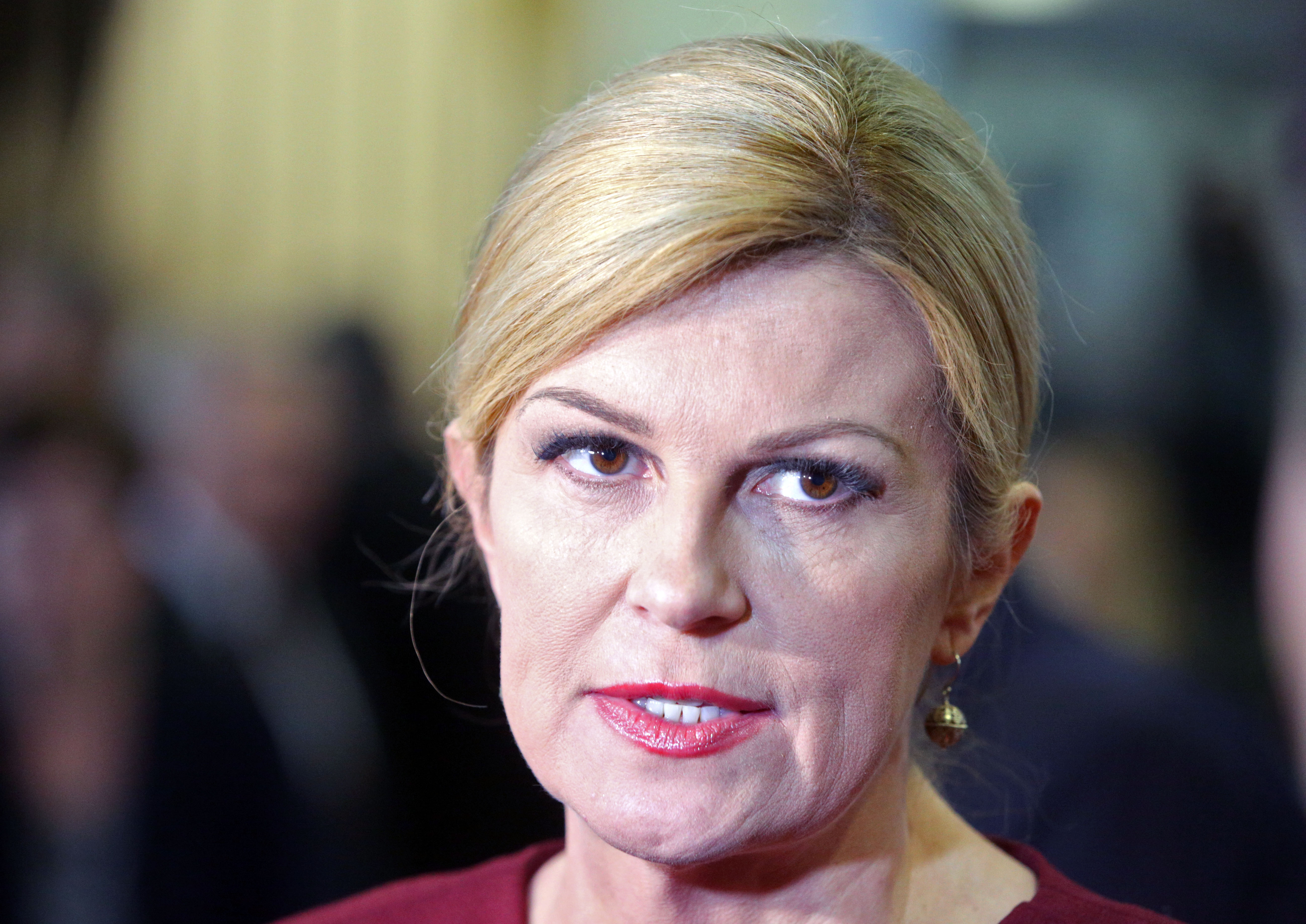 Zagreb, 13.12.2018 - Predsjednica Republike Kolinda Grabar-Kitarović (na slici) i predsjednik Hrvatskoga sabora Gordan Jandroković sudjelovali su na svečanoj sjednici Gradskog vijeća u prigodi obilježavanja Dana grada Velike Gorice. 
Foto HINA/ Dario GRZELJ/ dag