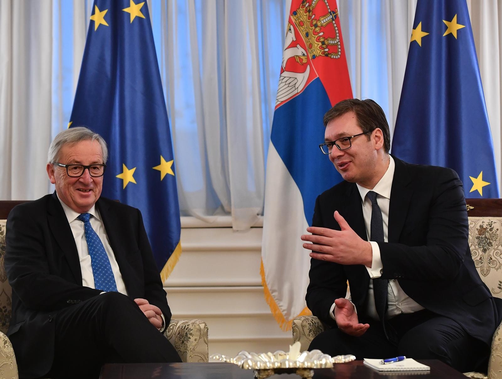 26.02.2018., Beograd, Srbija - Predsjednik Republike Srbije Aleksandar Vucic, predsjednik Europske komisije Jean-Claude Juncker i europski povjerenik za prosirenje i susjedsku politiku Johannes Hahn sastali su se u Beogradu. 
Photo: Srdjan Ilic/PIXSELL