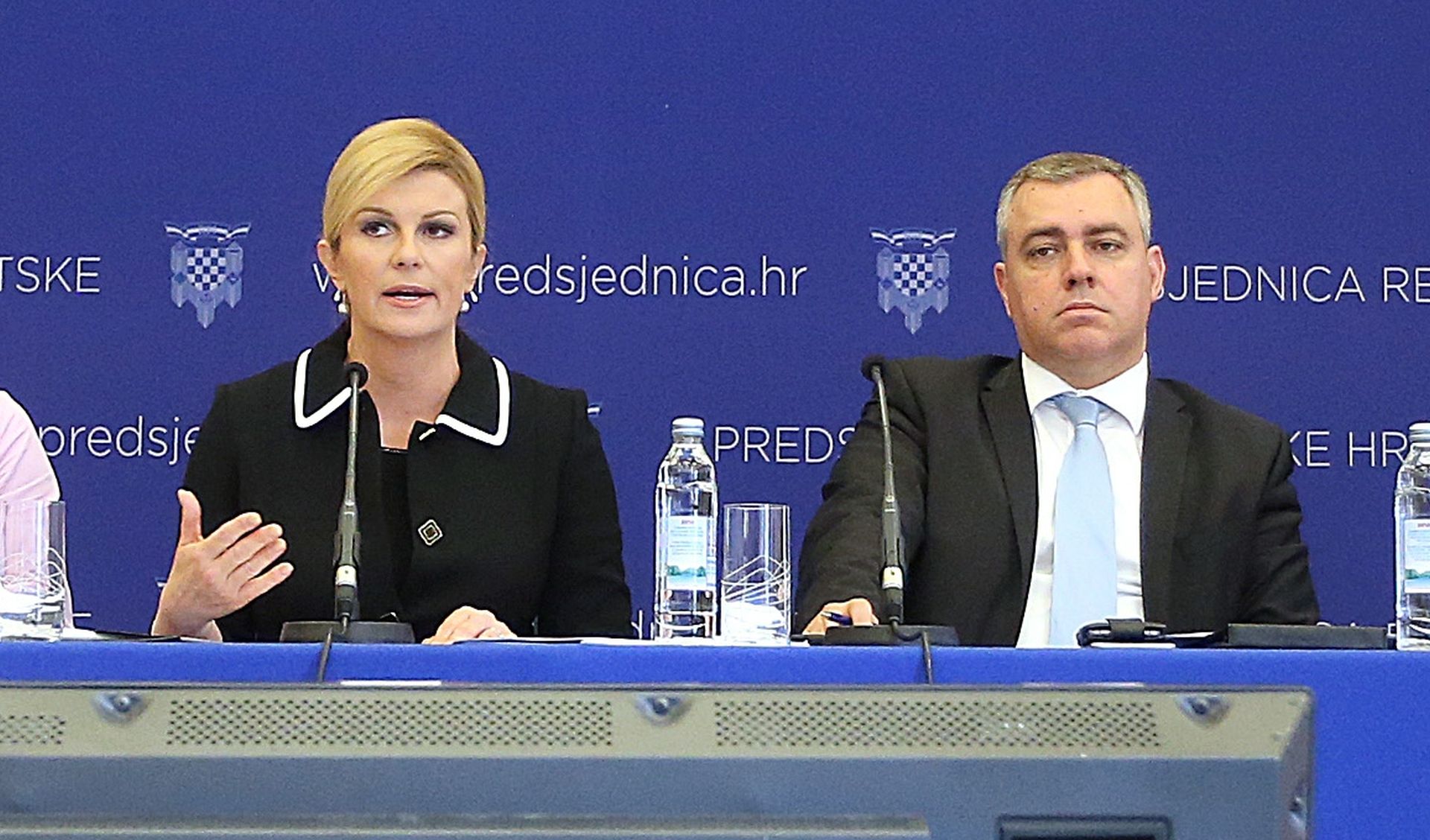 11.06.2018., Zagreb - Predsjednica Republike Kolinda Grabar-Kitarovic predstavila je prijedloge mjera populacijske politike. Marko Jurcic, Anamarija Kirinic, Kolinda Grabar-Kitarovic, Mate Radeljic, Andjelko Akrap. 
Photo: Goran Stanzl/PIXSELL